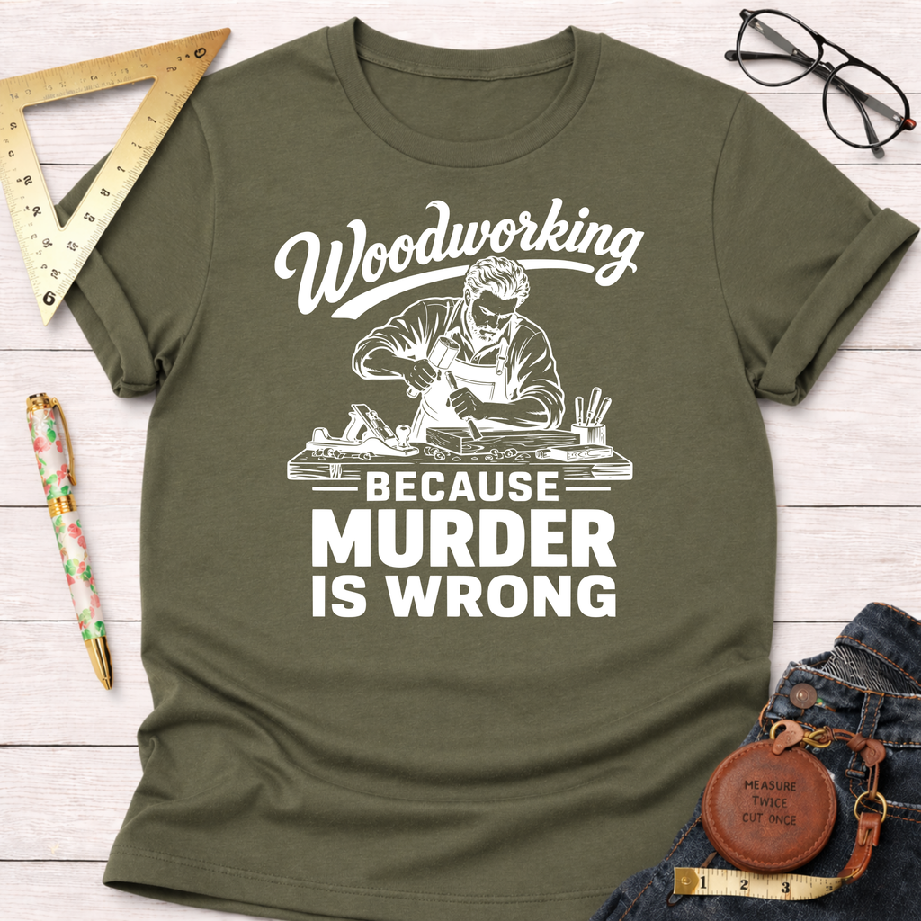 Olive green t-shirt with "Woodworking Because Murder Is Wrong" graphic and a carpenter working.