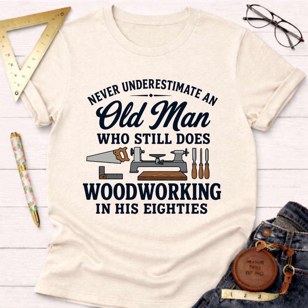 Cream t-shirt with "Never Underestimate An Old Man Who Still Does Woodworking In His Eighties" text and tools graphic.