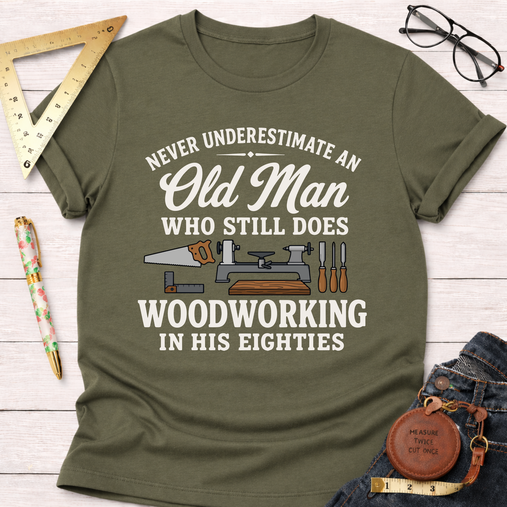 Olive green "Never Underestimate An Old Man Who Still Does Woodworking In His Eighties" t-shirt with tools.