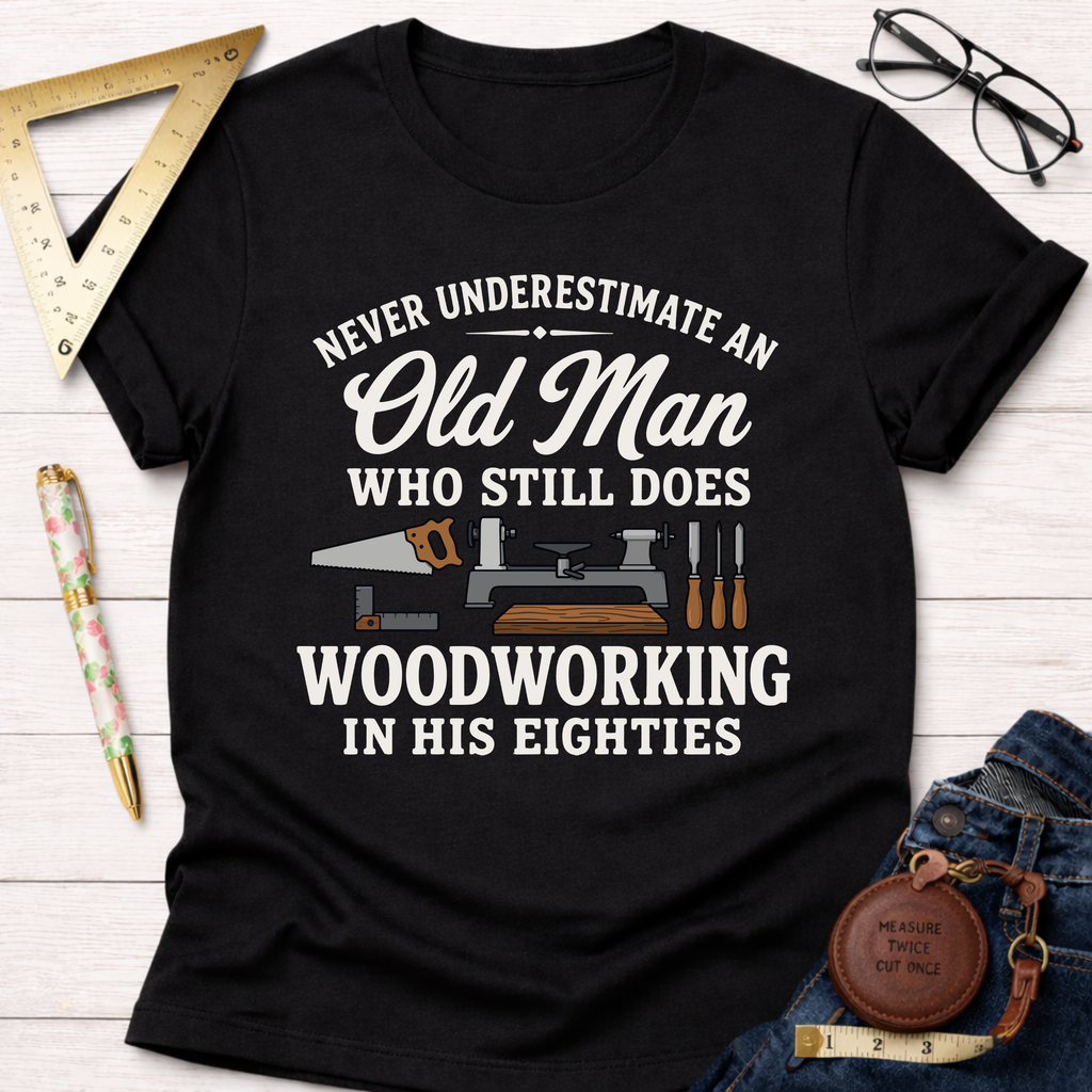 Black cotton t-shirt with "Never Underestimate An Old Man Who Still Does Woodworking In His Eighties" text and tools.