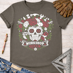 Charcoal gray t-shirt with a floral skull and tools graphic, "Workshop Queen" text. Women's funny woodworking graphic tee shirt for female woodworkers, makers, and DIY builders — Sawdust & Ponytails