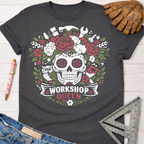 Charcoal gray tee with floral skull, tools, "Workshop Queen" text. Women's funny woodworking graphic tee shirt for female woodworkers, makers, and DIY builders — Sawdust & Ponytails