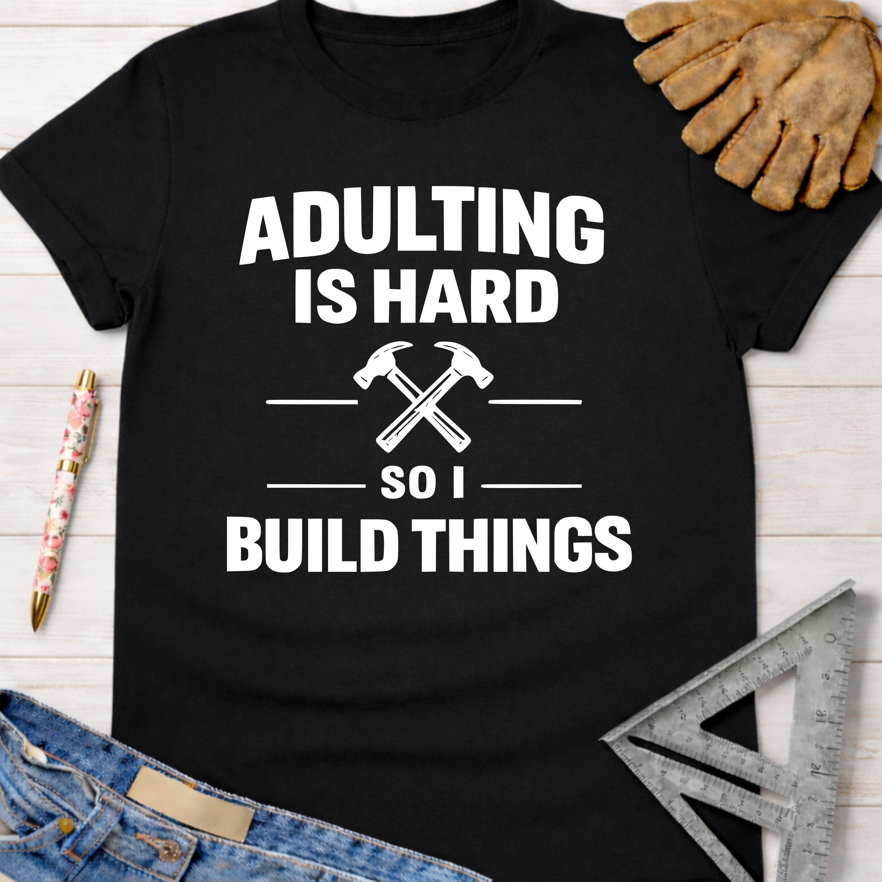 Black "Adulting Is Hard So I Build Things" graphic tee with crossed hammers. Women's funny woodworking graphic tee shirt for female woodworkers, makers, and DIY builders — Sawdust & Ponytails