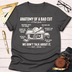 Women's funny woodworking graphic tee shirt for female woodworkers, makers, and DIY builders — Sawdust & Ponytails. Dark gray crew neck tee with "Anatomy Of A Bad Cut" graphic.