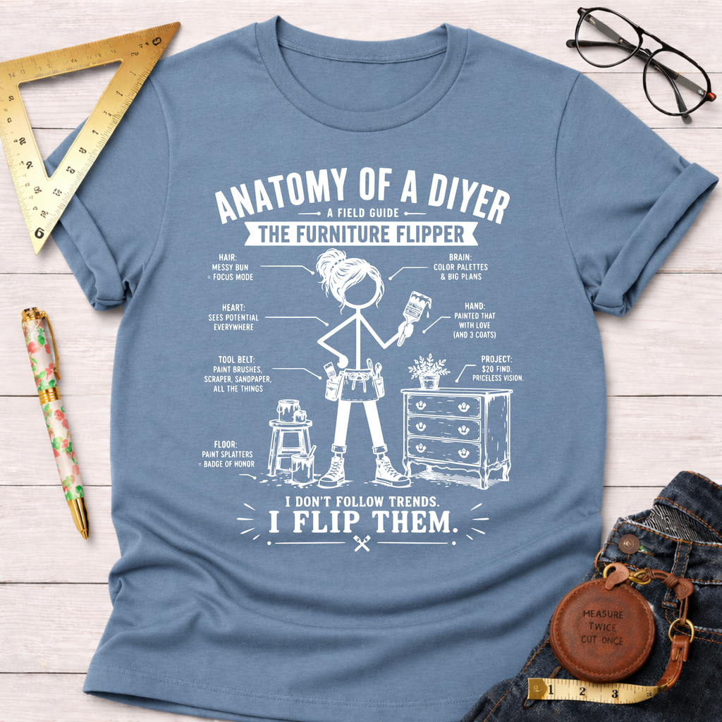 Women's funny woodworking graphic tee shirt for female woodworkers, makers, and DIY builders — Sawdust & Ponytails. Light blue cotton tee with white "Anatomy of a DIYer" graphic.