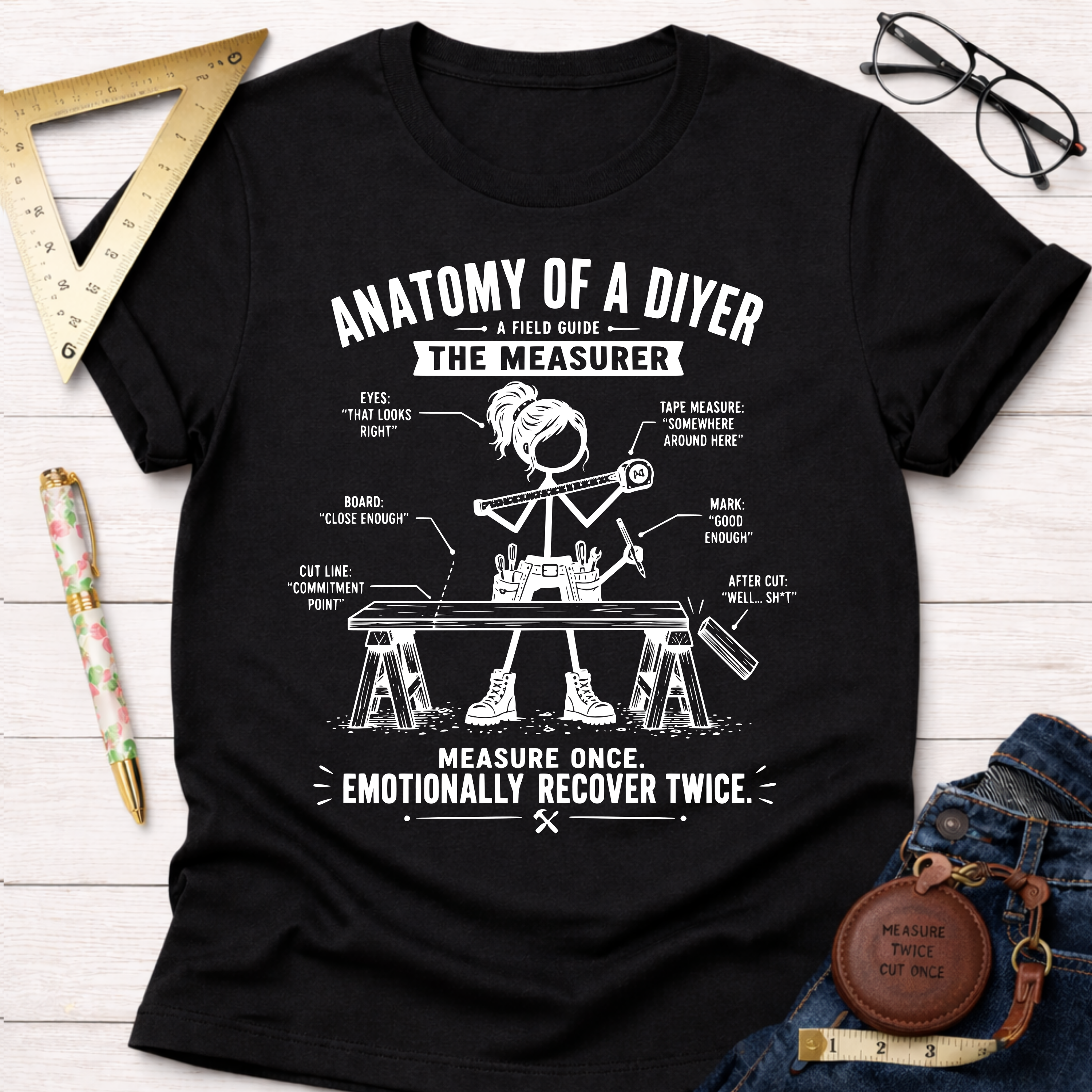 Black cotton Women's funny woodworking graphic tee shirt for female woodworkers, makers, and DIY builders — Sawdust & Ponytails, featuring a "Anatomy Of A DIYer The Measurer" design.