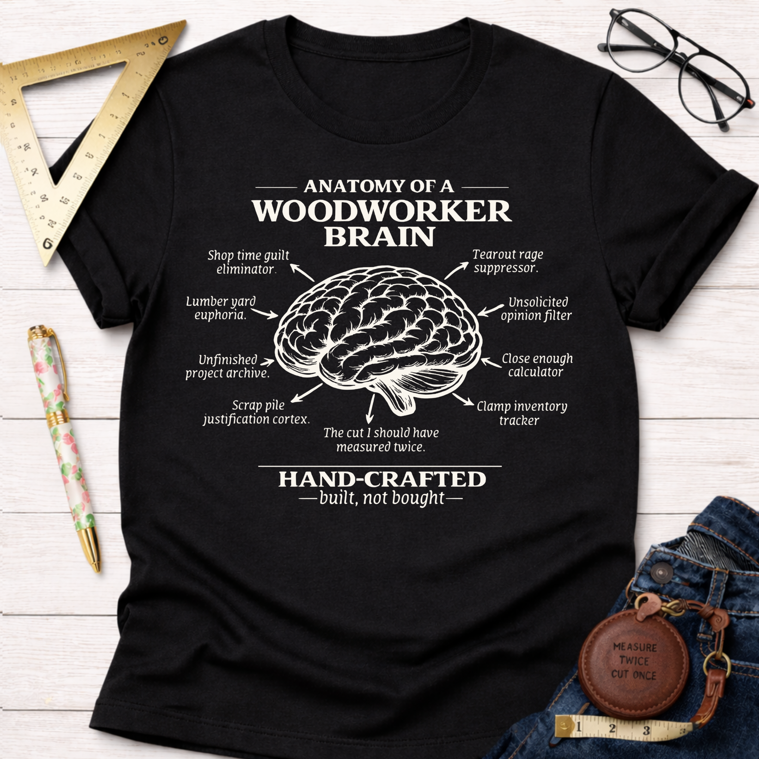 Black cotton tee with "Anatomy of a Woodworker Brain" graphic, white text, and brain diagram. Women's funny woodworking graphic tee shirt for female woodworkers, makers, and DIY builders — Sawdust & Ponytails.