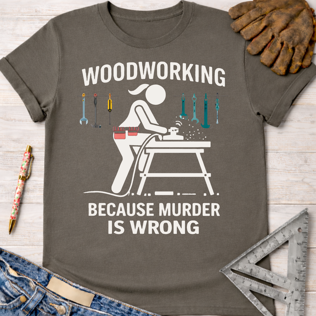 Women's funny woodworking graphic tee shirt for female woodworkers, makers, and DIY builders — Sawdust & Ponytails. Dark gray cotton tee with a white graphic of a woman sanding wood and tools, text "WOODWORKING BECAUSE MURDER IS WRONG".