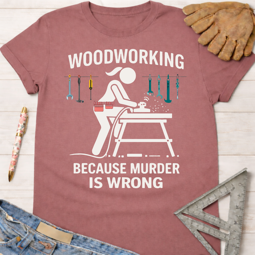 Women's funny woodworking graphic tee shirt for female woodworkers, makers, and DIY builders — Sawdust & Ponytails. Mauve short-sleeve t-shirt with a white graphic of a woman woodworking and text "WOODWORKING BECAUSE MURDER IS WRONG.