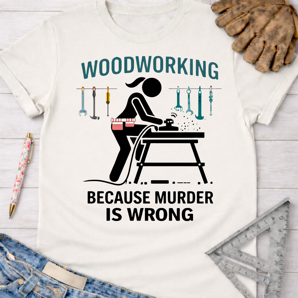 Women's funny woodworking graphic tee shirt for female woodworkers, makers, and DIY builders — Sawdust & Ponytails. White cotton tee with a black graphic of a woman sanding wood and the text "WOODWORKING BECAUSE MURDER IS WRONG".