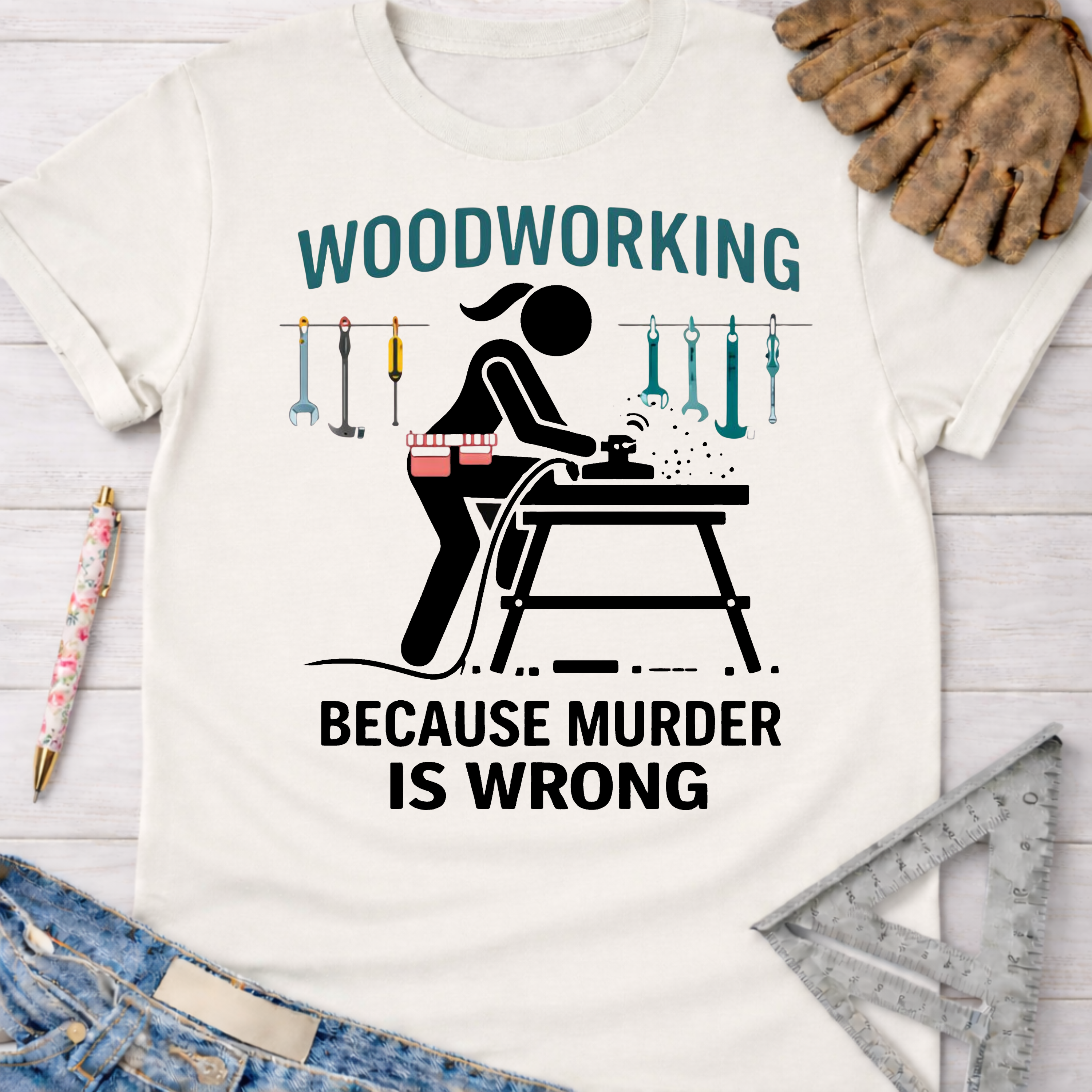 Women's funny woodworking graphic tee shirt for female woodworkers, makers, and DIY builders — Sawdust & Ponytails. White cotton tee with a black graphic of a woman sanding wood and the text "WOODWORKING BECAUSE MURDER IS WRONG".