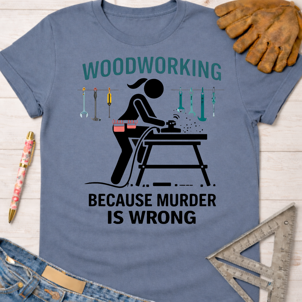 Women's funny woodworking graphic tee shirt for female woodworkers, makers, and DIY builders — Sawdust & Ponytails. Blue cotton tee with a black graphic of a woman sanding wood, "Woodworking Because Murder Is Wrong" text.