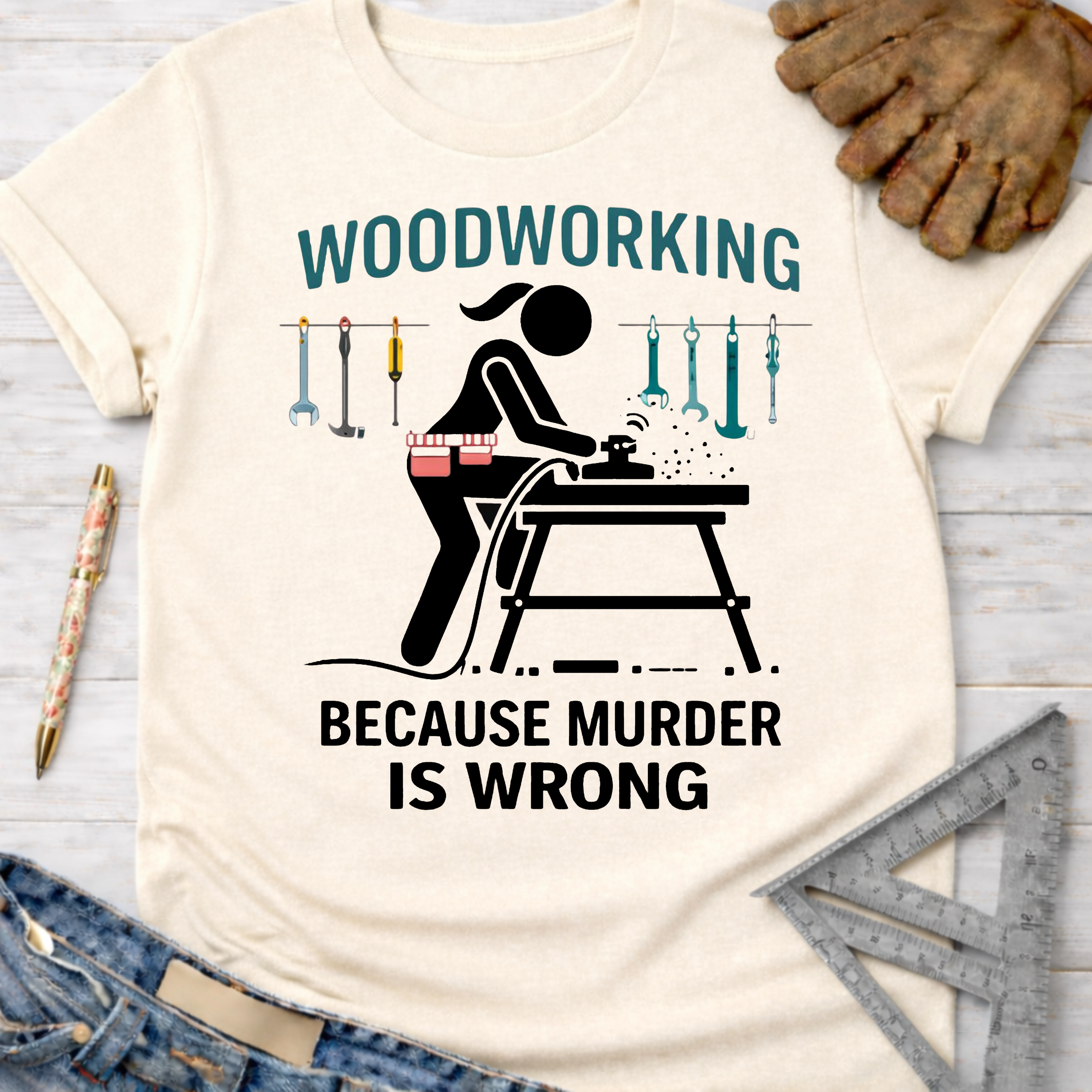 Women's funny woodworking graphic tee shirt for female woodworkers, makers, and DIY builders — Sawdust & Ponytails. Cream short-sleeve tee with black graphic of woman sanding wood, tools, and "Woodworking Because Murder Is Wrong" text.