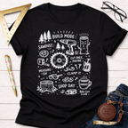Black cotton "Build Mode" tee with white woodworking graphics, ruler, and glasses. Women's funny woodworking graphic tee shirt for female woodworkers, makers, and DIY builders — Sawdust & Ponytails
