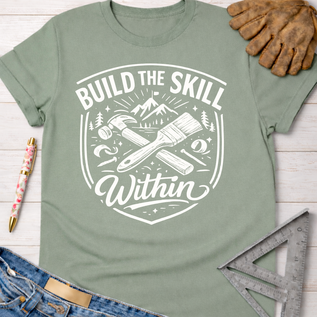 Women's funny woodworking graphic tee shirt for female woodworkers, makers, and DIY builders — Sawdust & Ponytails. Sage green cotton tee with "Build the Skill Within" graphic, hammer, paintbrush, and mountains.