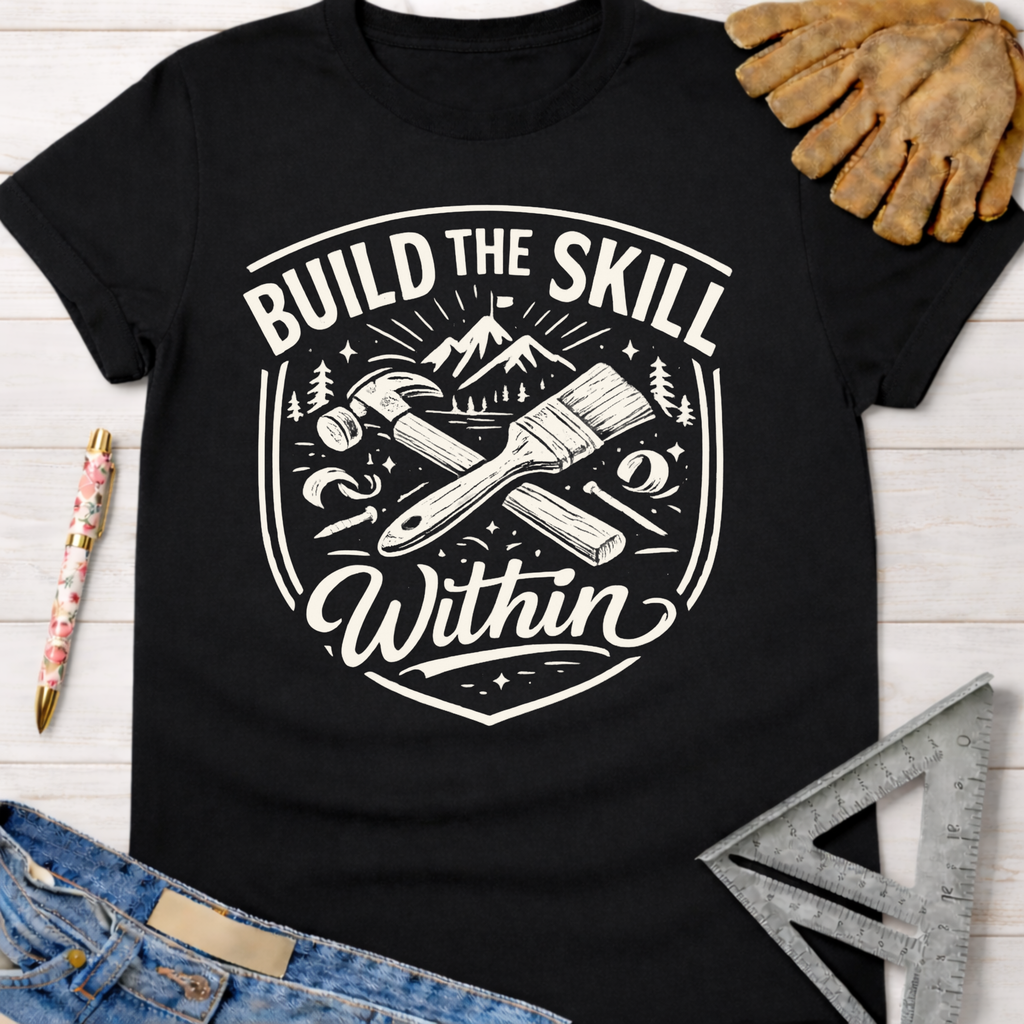 Black cotton "Build the Skill Within" graphic tee with hammer, paintbrush, and mountains. Women's funny woodworking graphic tee shirt for female woodworkers, makers, and DIY builders — Sawdust & Ponytails