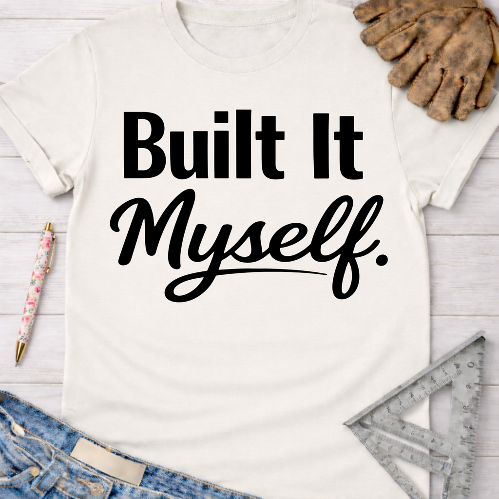 Women's funny woodworking graphic tee shirt for female woodworkers, makers, and DIY builders — Sawdust & Ponytails. Cream t-shirt with "Built It Myself" in black script.