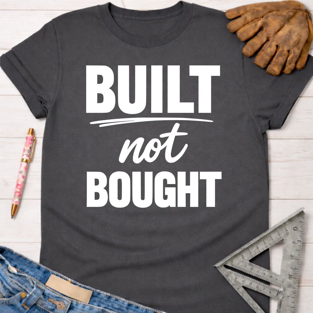 Women's funny woodworking graphic tee shirt for female woodworkers, makers, and DIY builders — Sawdust & Ponytails. Dark gray cotton t-shirt with "BUILT not BOUGHT" in white text.
