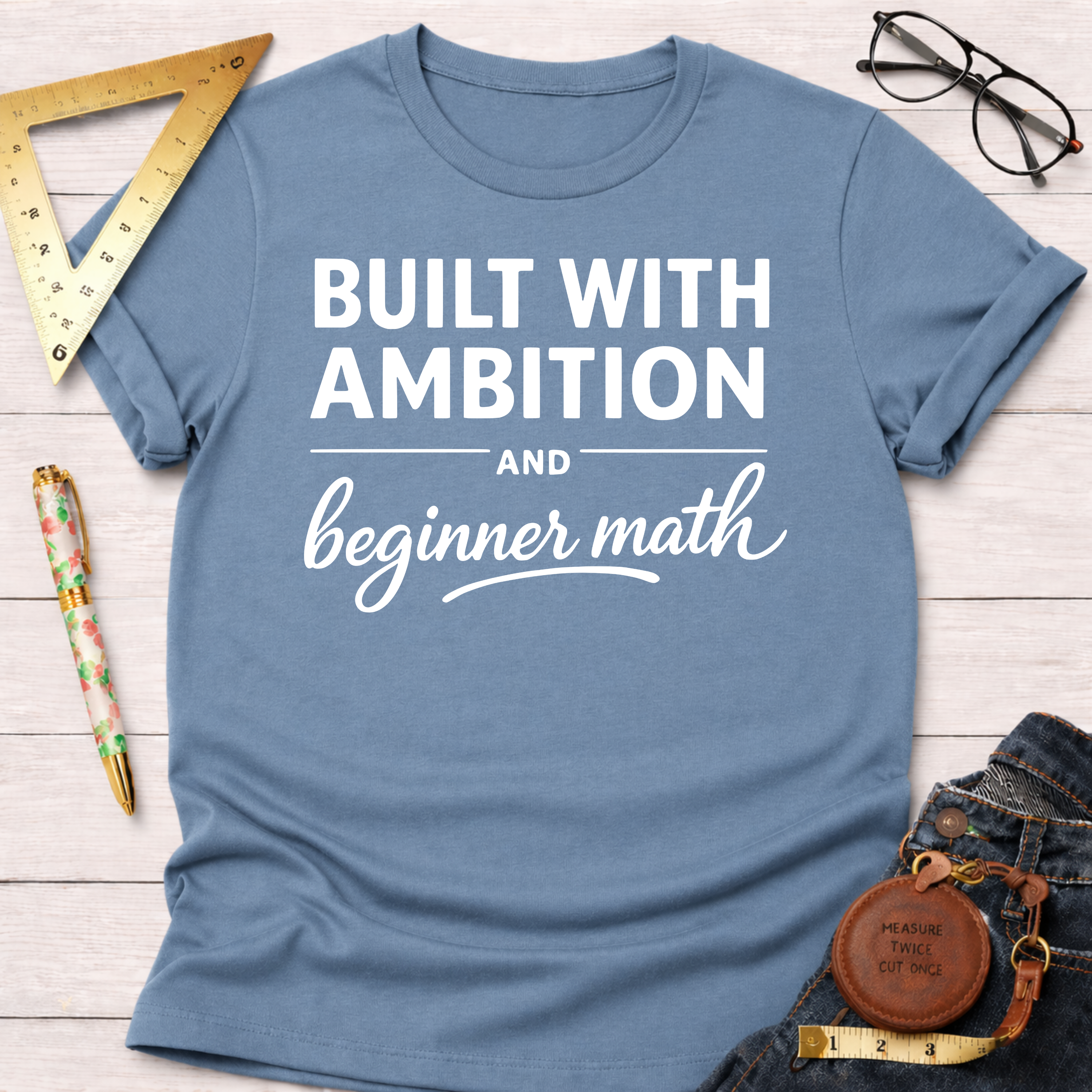 Women's funny woodworking graphic tee shirt for female woodworkers, makers, and DIY builders — Sawdust & Ponytails. Light blue cotton tee with "Built With Ambition And Beginner Math" in white text.
