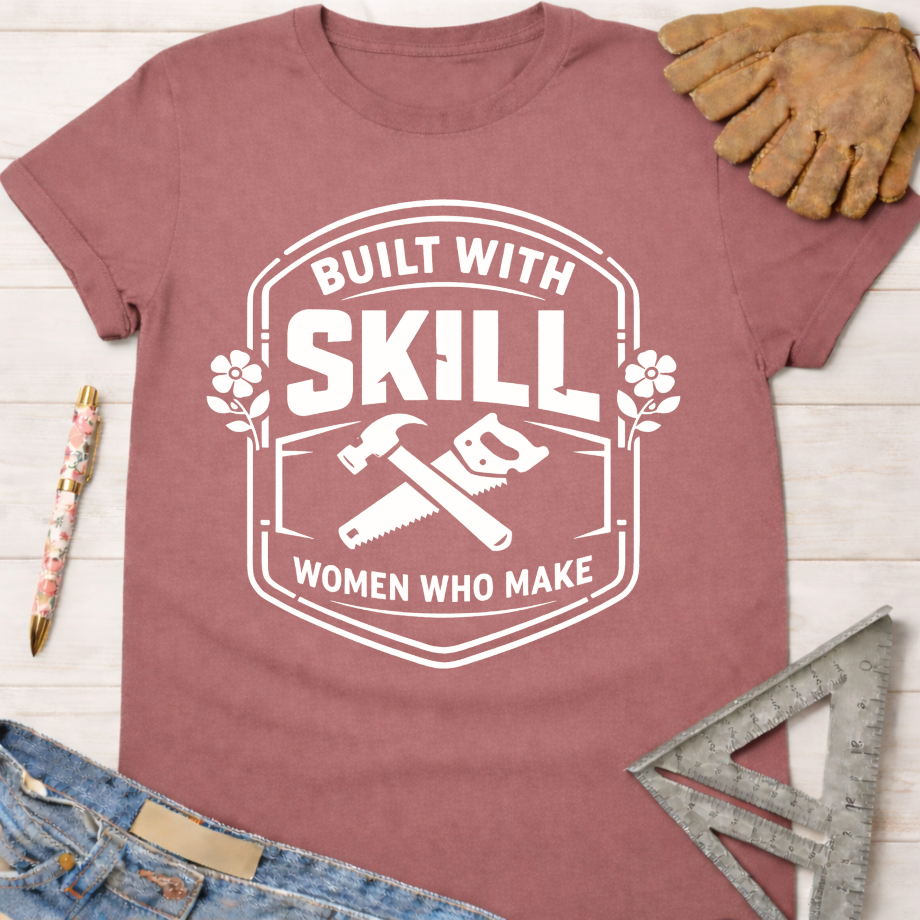 Women's funny woodworking graphic tee shirt for female woodworkers, makers, and DIY builders — Sawdust & Ponytails. Mauve cotton tee with "Built With Skill Women Who Make" graphic.