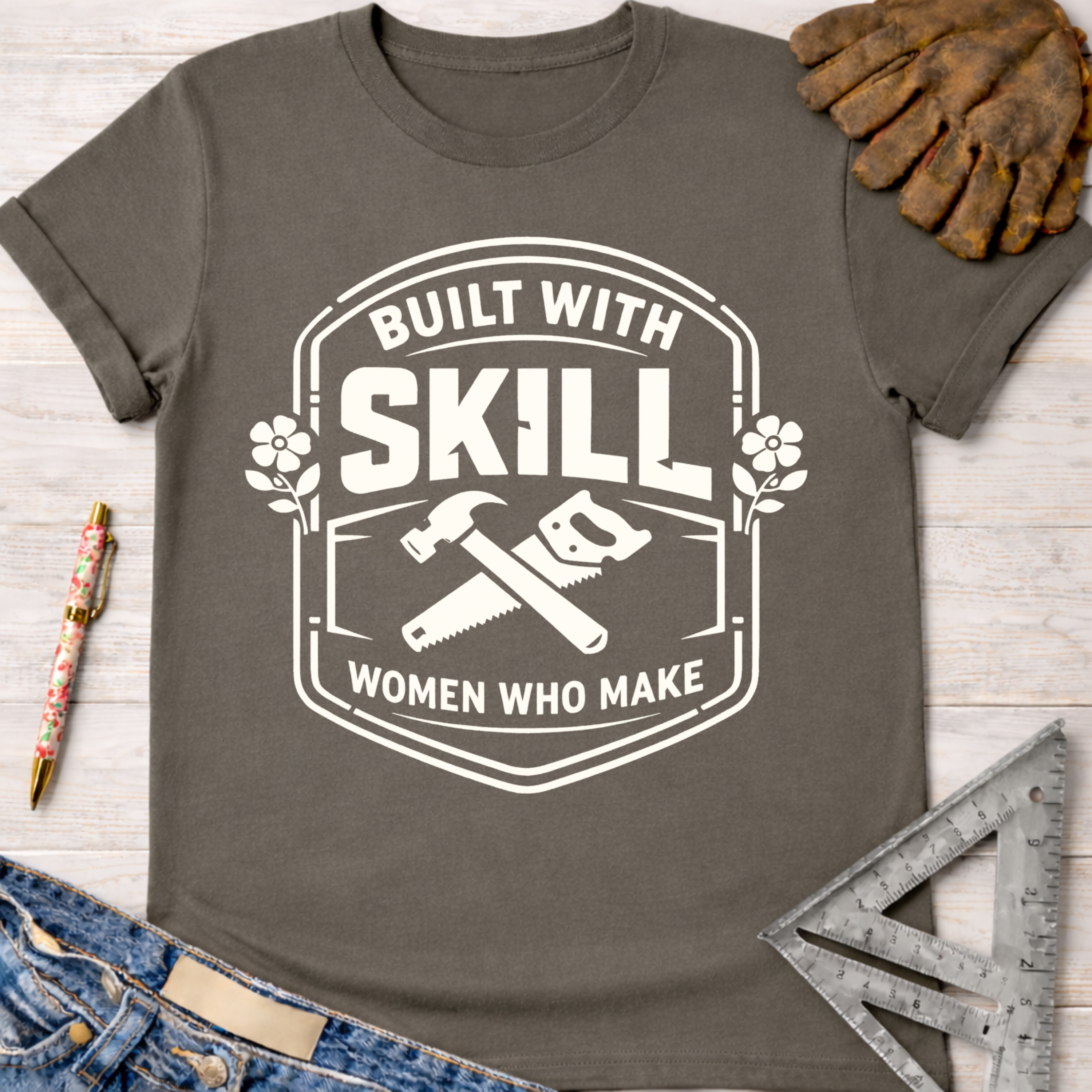 Charcoal gray cotton tee with "Built With Skill Women Who Make" graphic, hammer, saw, and flowers. Women's funny woodworking graphic tee shirt for female woodworkers, makers, and DIY builders — Sawdust & Ponytails.