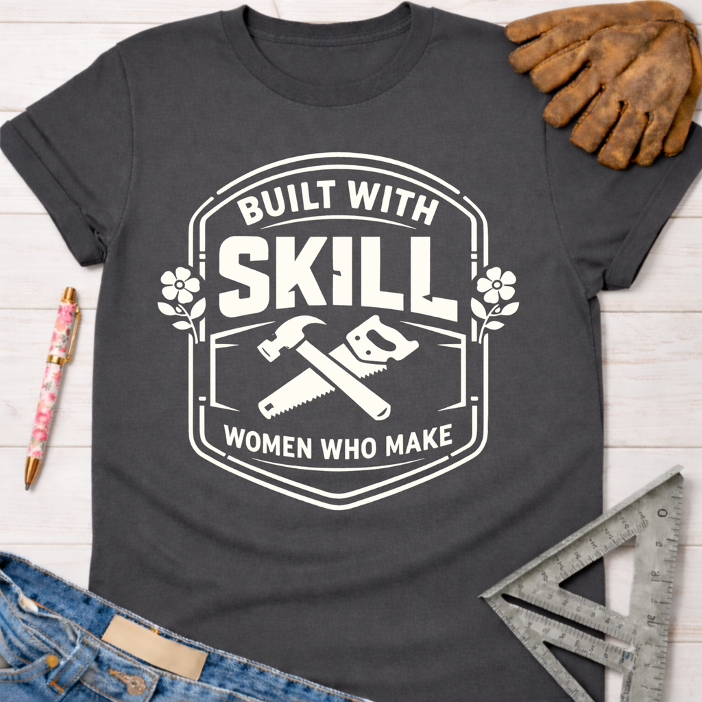 Women's funny woodworking graphic tee shirt for female woodworkers, makers, and DIY builders — Sawdust & Ponytails. Dark gray cotton tee with "Built With Skill Women Who Make" graphic, hammer, and saw.
