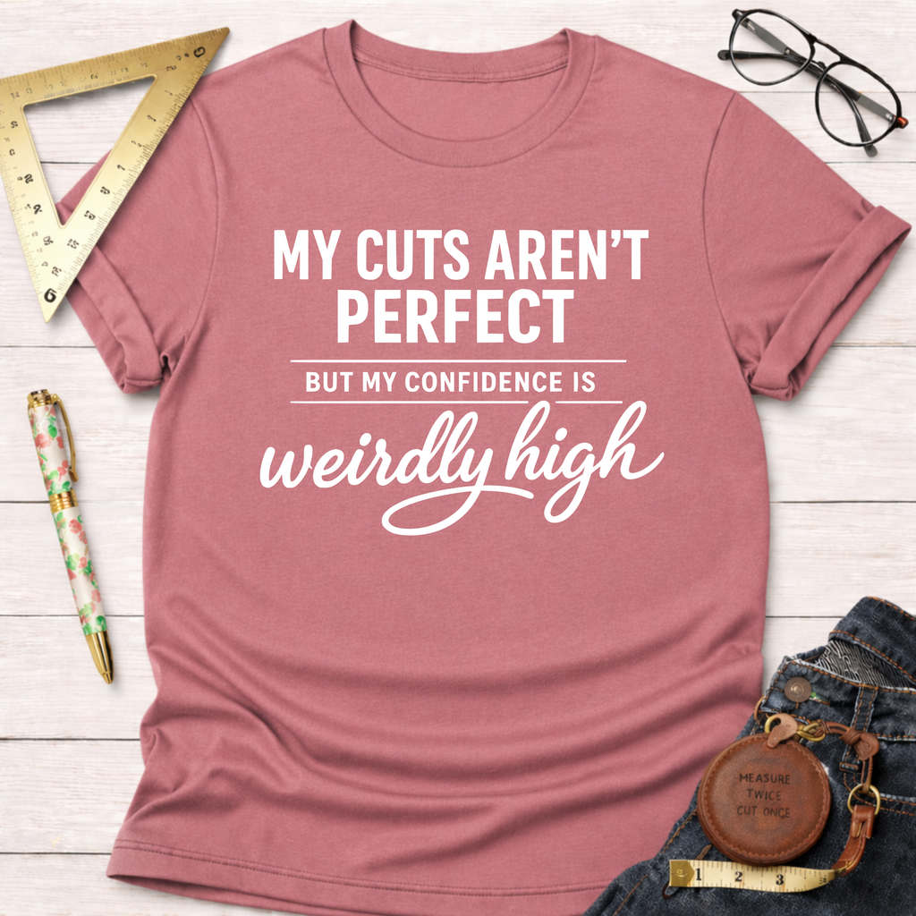 Women's funny woodworking graphic tee shirt for female woodworkers, makers, and DIY builders — Sawdust & Ponytails. Mauve pink t-shirt with "My Cuts Aren't Perfect But My Confidence Is Weirdly High" in white text.