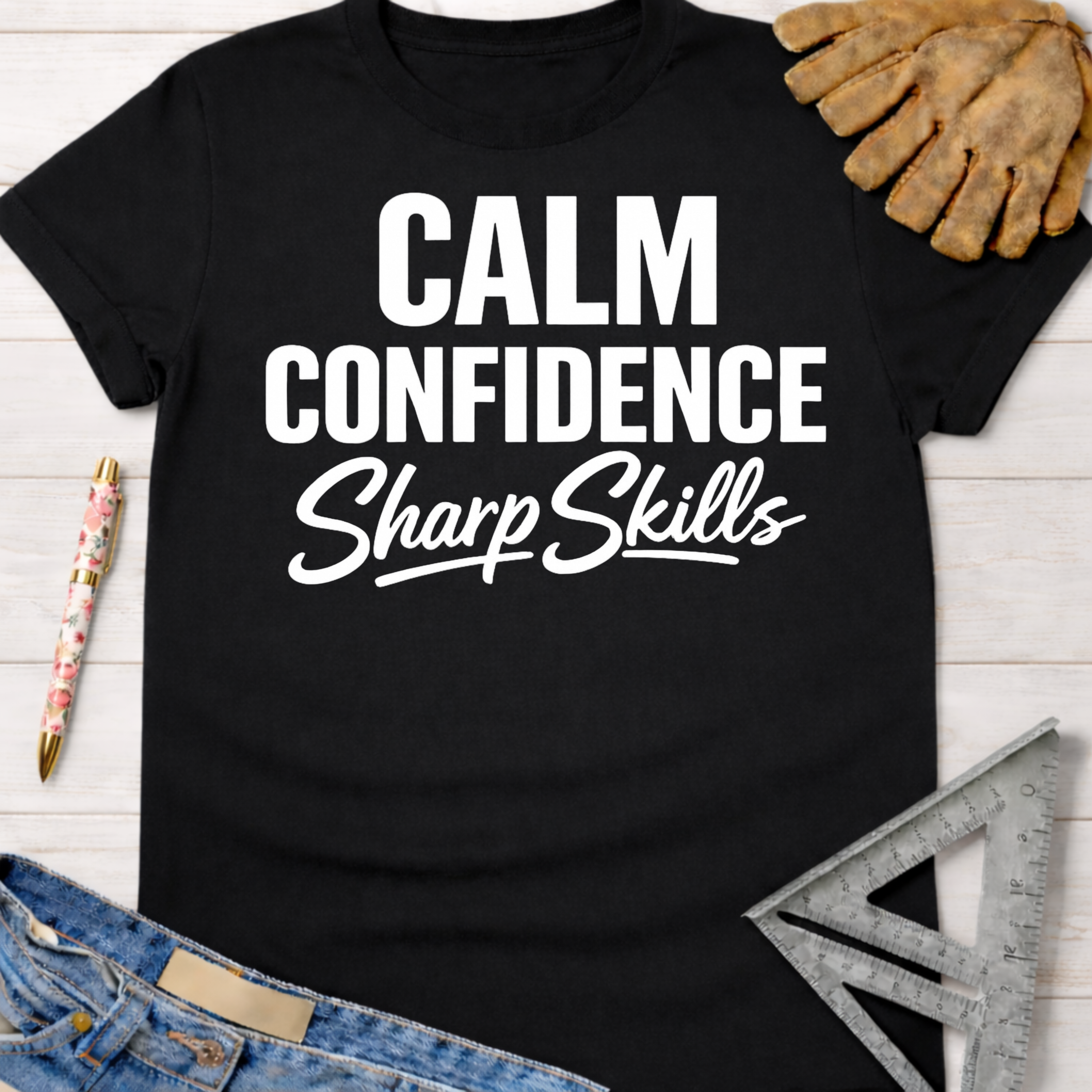 Black cotton "Calm Confidence Sharp Skills" tee for women, with work gloves, ruler, and jeans. Sawdust & Ponytails.