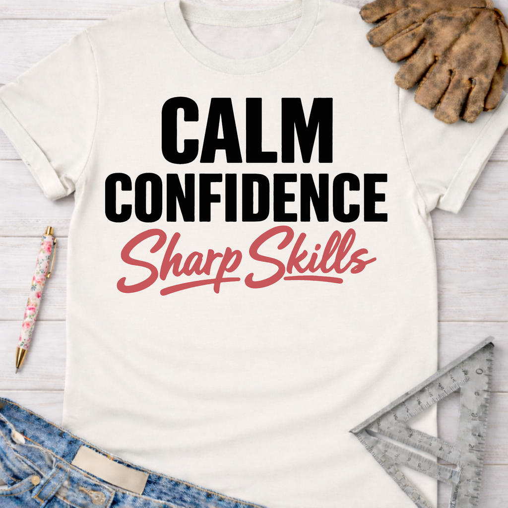 Women's funny woodworking graphic tee shirt for female woodworkers, makers, and DIY builders — Sawdust & Ponytails. Cream t-shirt with "CALM CONFIDENCE Sharp Skills" in black and red text.