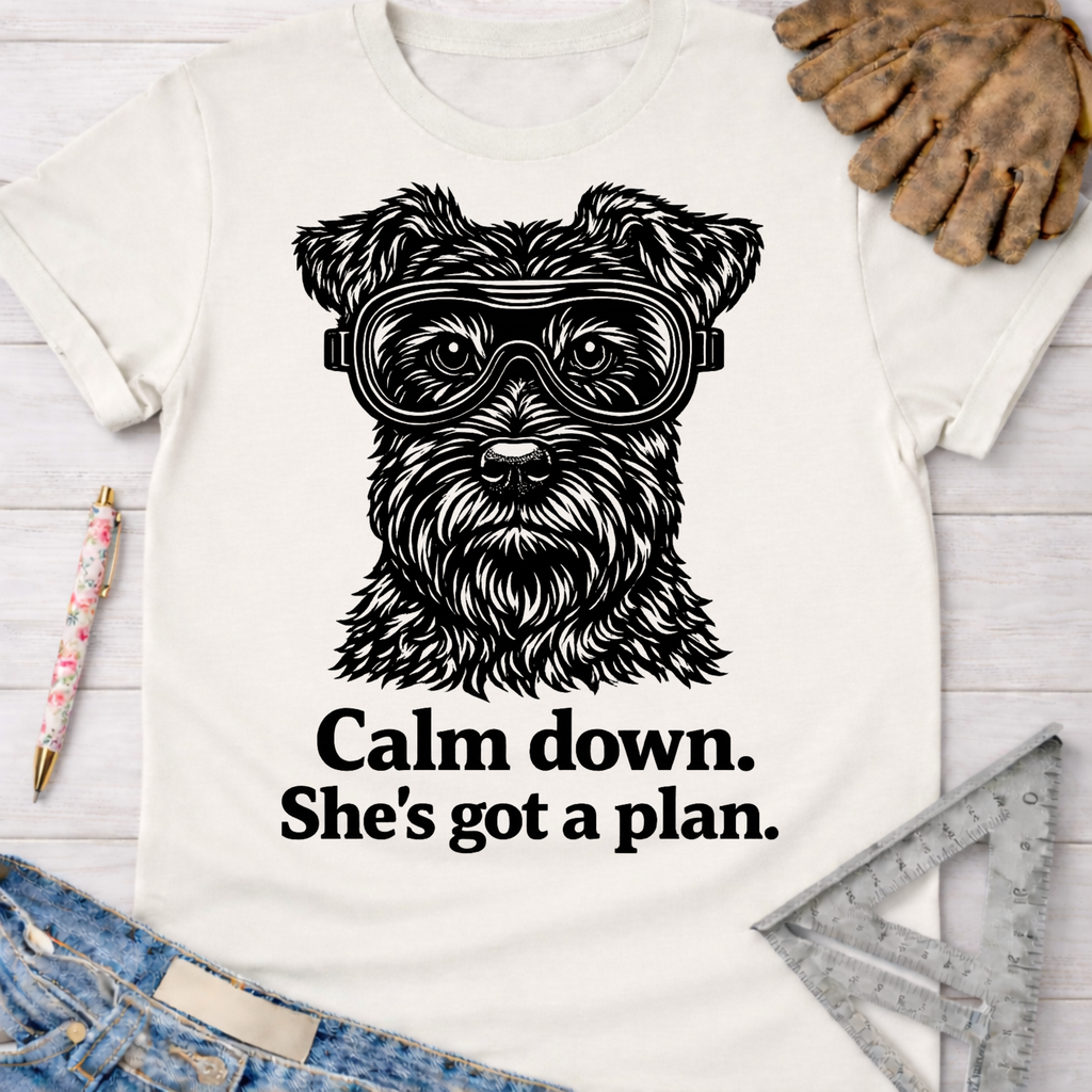 Women's funny woodworking graphic tee shirt for female woodworkers, makers, and DIY builders — Sawdust & Ponytails. White cotton t-shirt with a black schnauzer wearing goggles and "Calm down. She's got a plan." text.