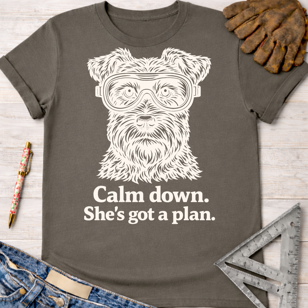 Women's funny woodworking graphic tee shirt for female woodworkers, makers, and DIY builders — Sawdust & Ponytails. Charcoal cotton tee with a white graphic of a dog wearing safety goggles and the text "Calm down. She's got a plan.
