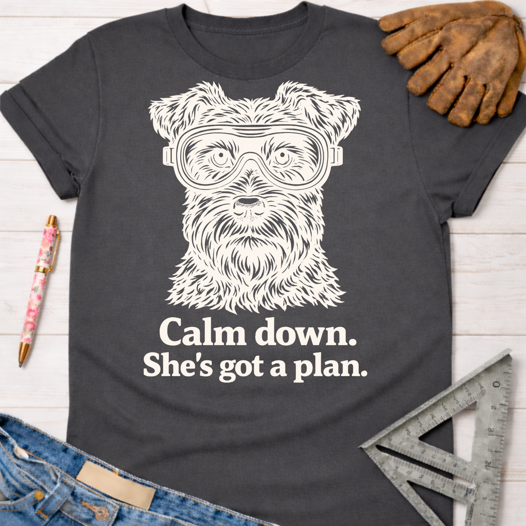 Women's funny woodworking graphic tee shirt for female woodworkers, makers, and DIY builders — Sawdust & Ponytails. Dark gray t-shirt with a white graphic of a dog wearing safety goggles and the text "Calm down. She's got a plan.