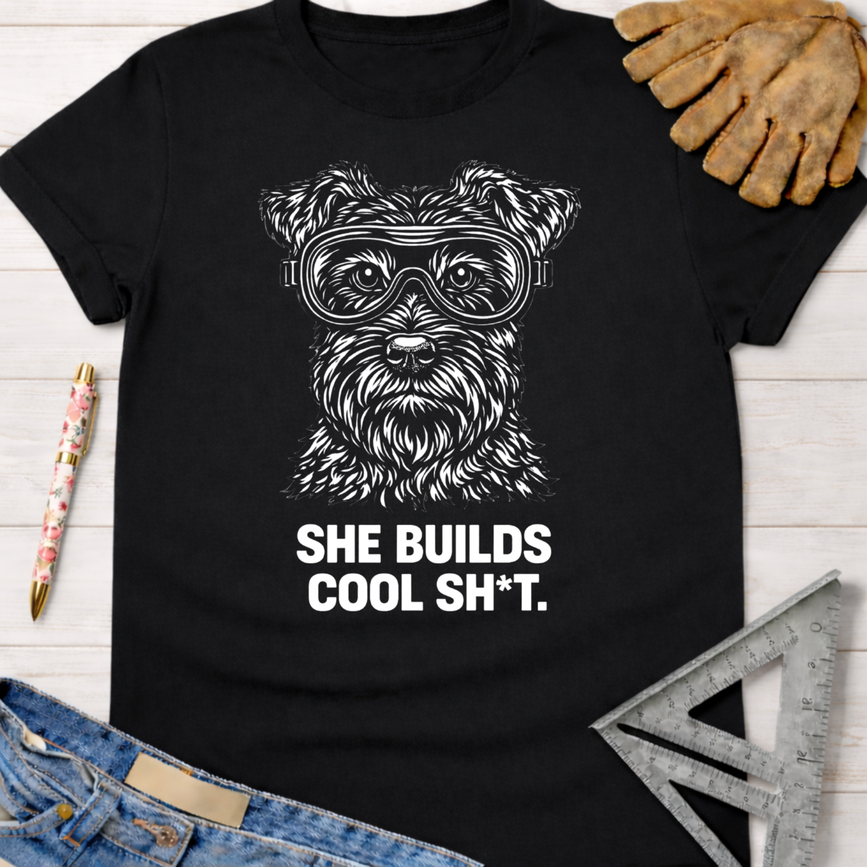 Black cotton women's funny woodworking graphic tee with a schnauzer in goggles and "SHE BUILDS COOL SH*T." text. Women's funny woodworking graphic tee shirt for female woodworkers, makers, and DIY builders — Sawdust & Ponytails
