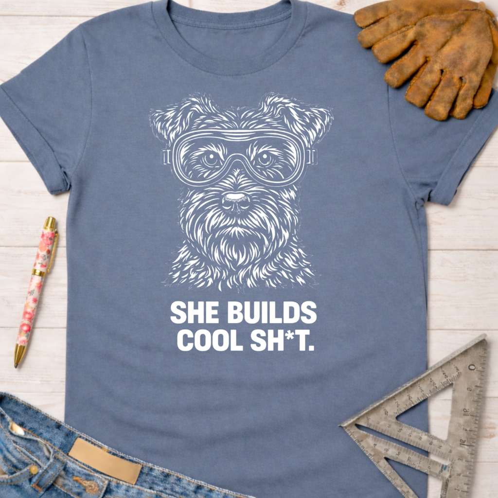Women's funny woodworking graphic tee shirt for female woodworkers, makers, and DIY builders — Sawdust & Ponytails. Blue cotton tee with white dog in goggles graphic and "SHE BUILDS COOL SH*T." text.
