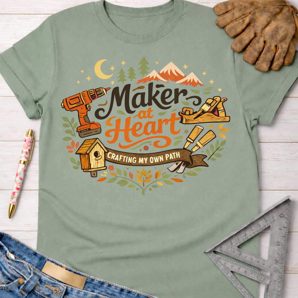 Women's funny woodworking graphic tee shirt for female woodworkers, makers, and DIY builders — Sawdust & Ponytails. Sage green cotton tee with "Maker at Heart: Crafting My Own Path" graphic, tools, mountains, and moon.