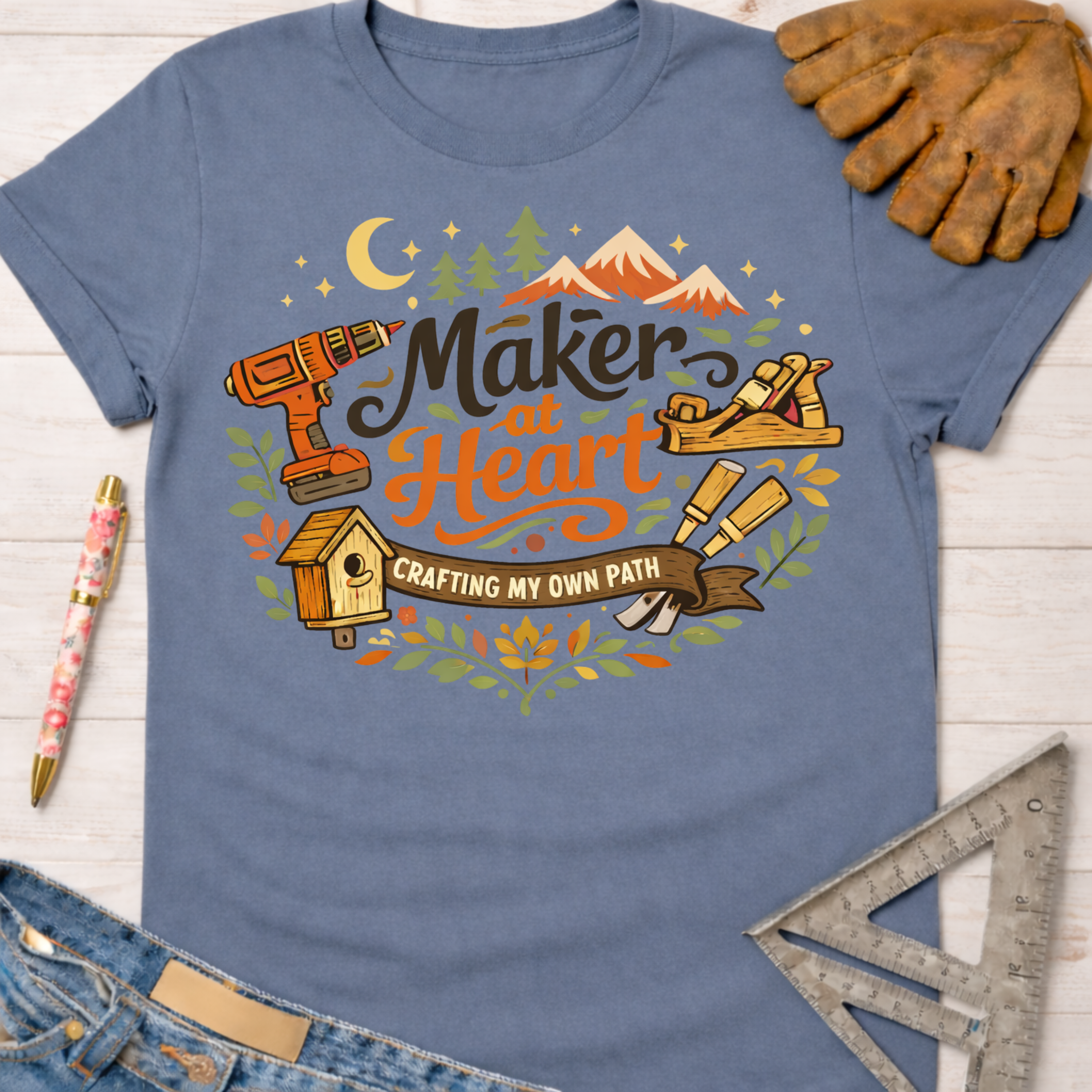 Women's funny woodworking graphic tee shirt for female woodworkers, makers, and DIY builders — Sawdust & Ponytails. Blue cotton tee with "Maker at Heart" graphic, tools, and mountains.