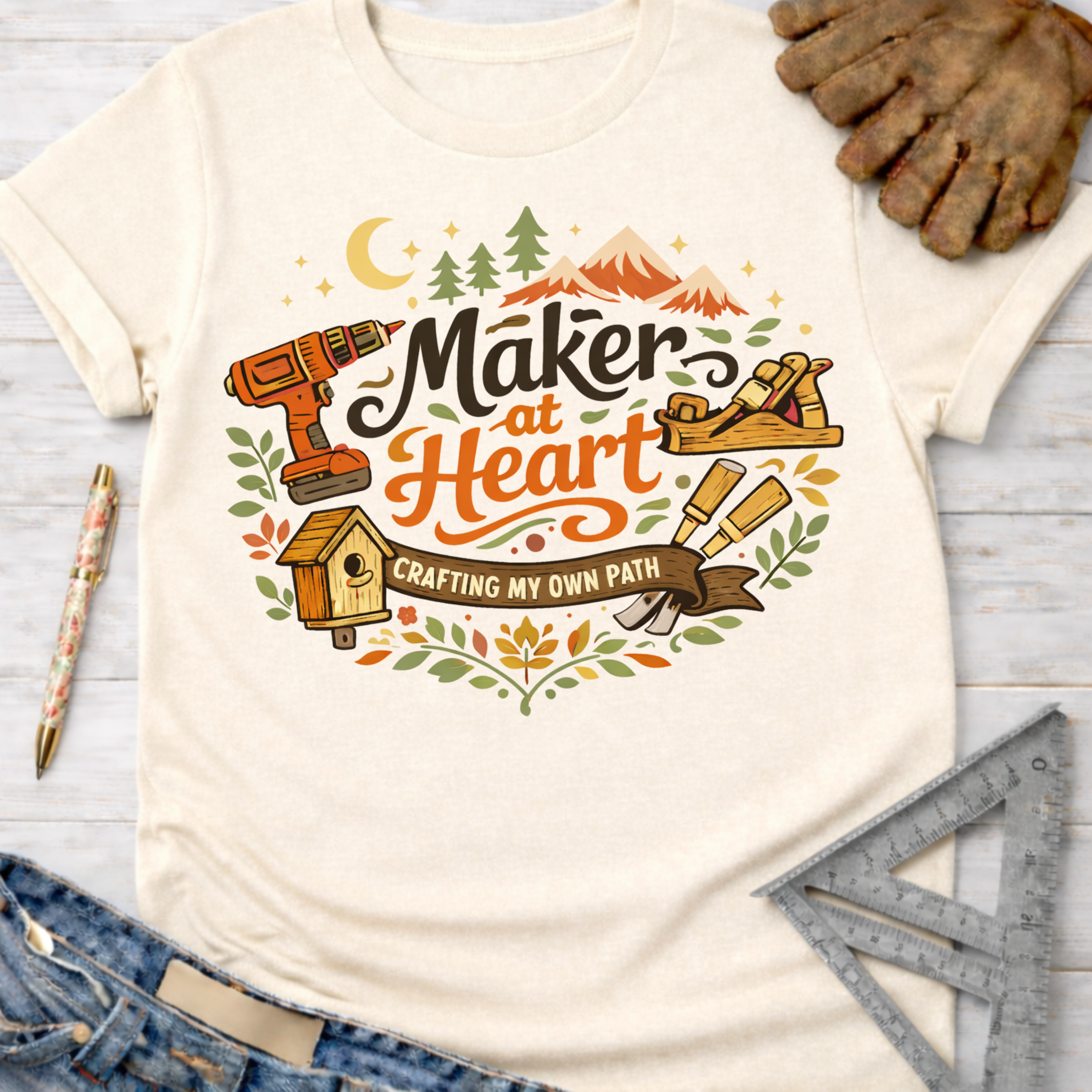 Women's funny woodworking graphic tee shirt for female woodworkers, makers, and DIY builders — Sawdust & Ponytails. Cream t-shirt with "Maker at Heart: Crafting My Own Path" graphic, tools, and nature.