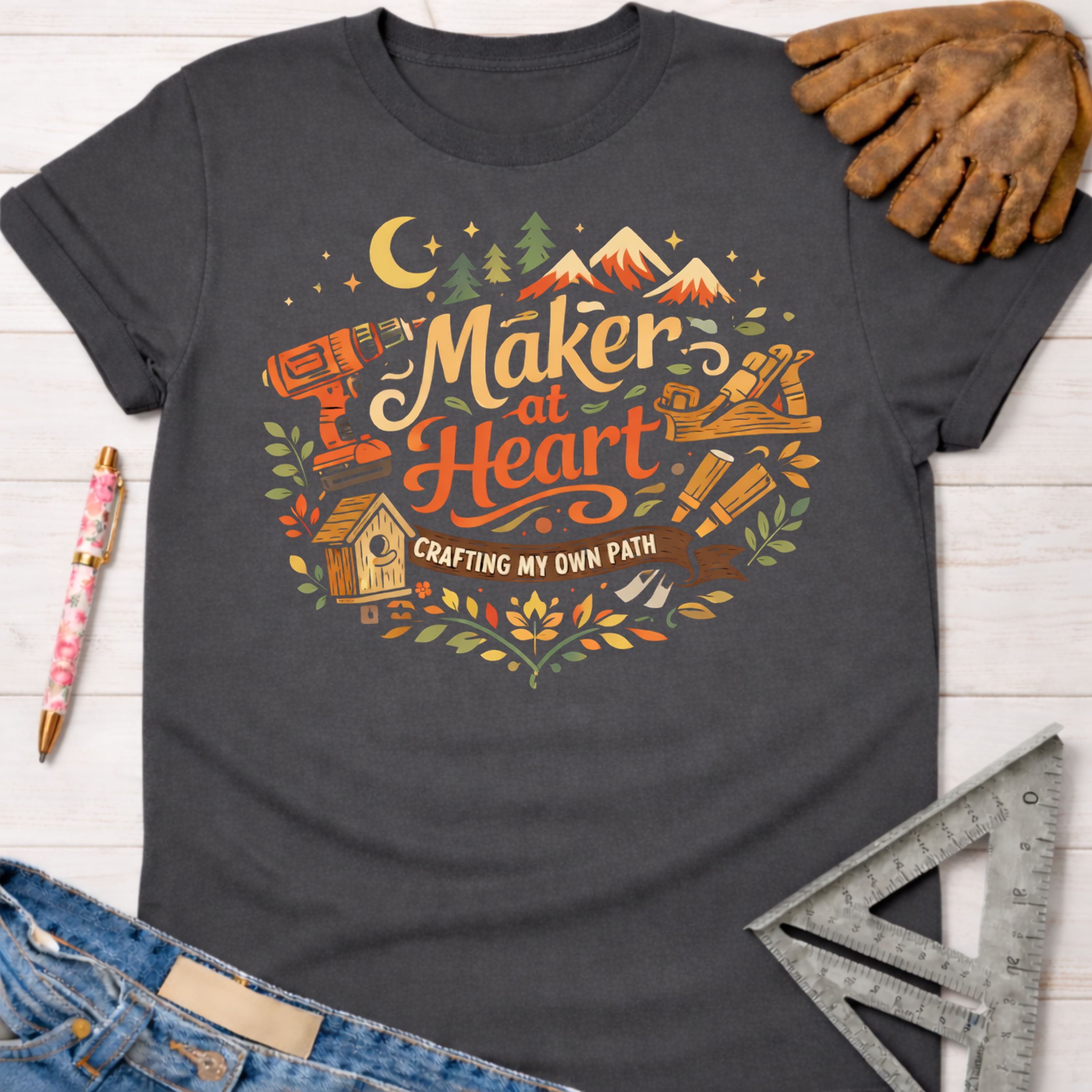 Dark gray women's "Maker at Heart" graphic tee with woodworking tools, mountains, and "Crafting My Own Path" text.