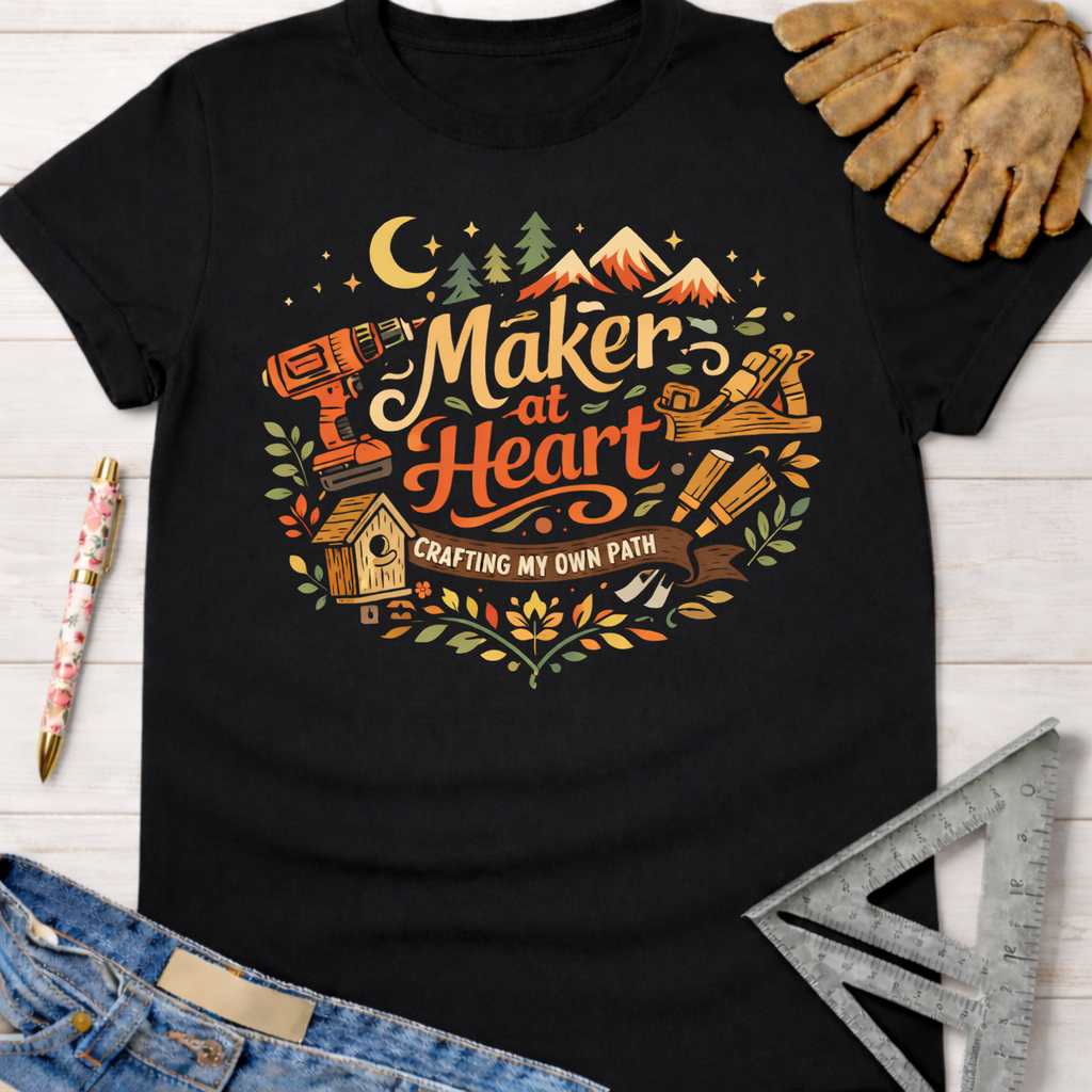 Black cotton Women's funny woodworking graphic tee shirt for female woodworkers, makers, and DIY builders — Sawdust & Ponytails, featuring "Maker at Heart: Crafting My Own Path" design with tools, mountains, and trees.