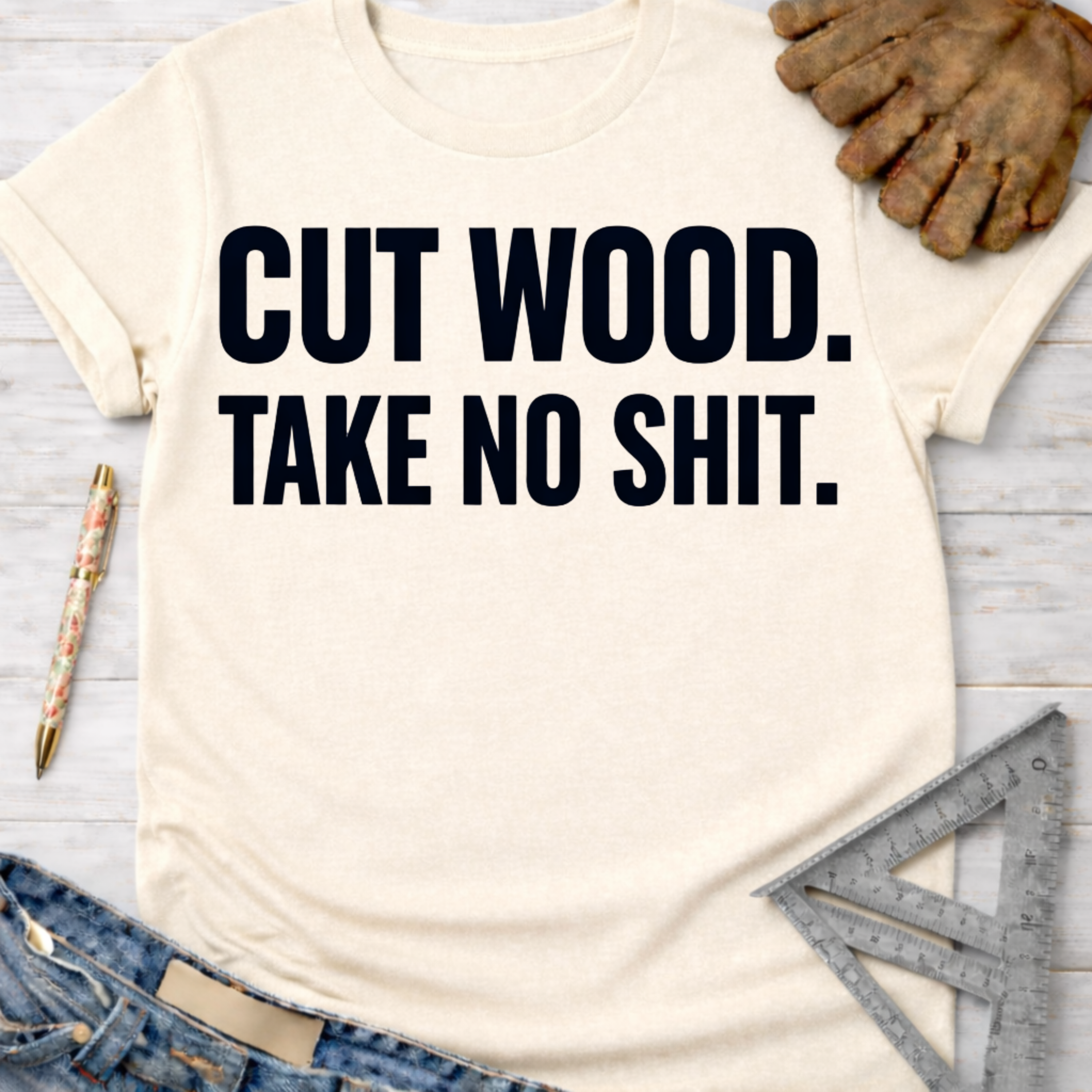 Women's funny woodworking graphic tee shirt for female woodworkers, makers, and DIY builders — Sawdust & Ponytails. Cream short-sleeve t-shirt with "CUT WOOD. TAKE NO SHIT." in black text.