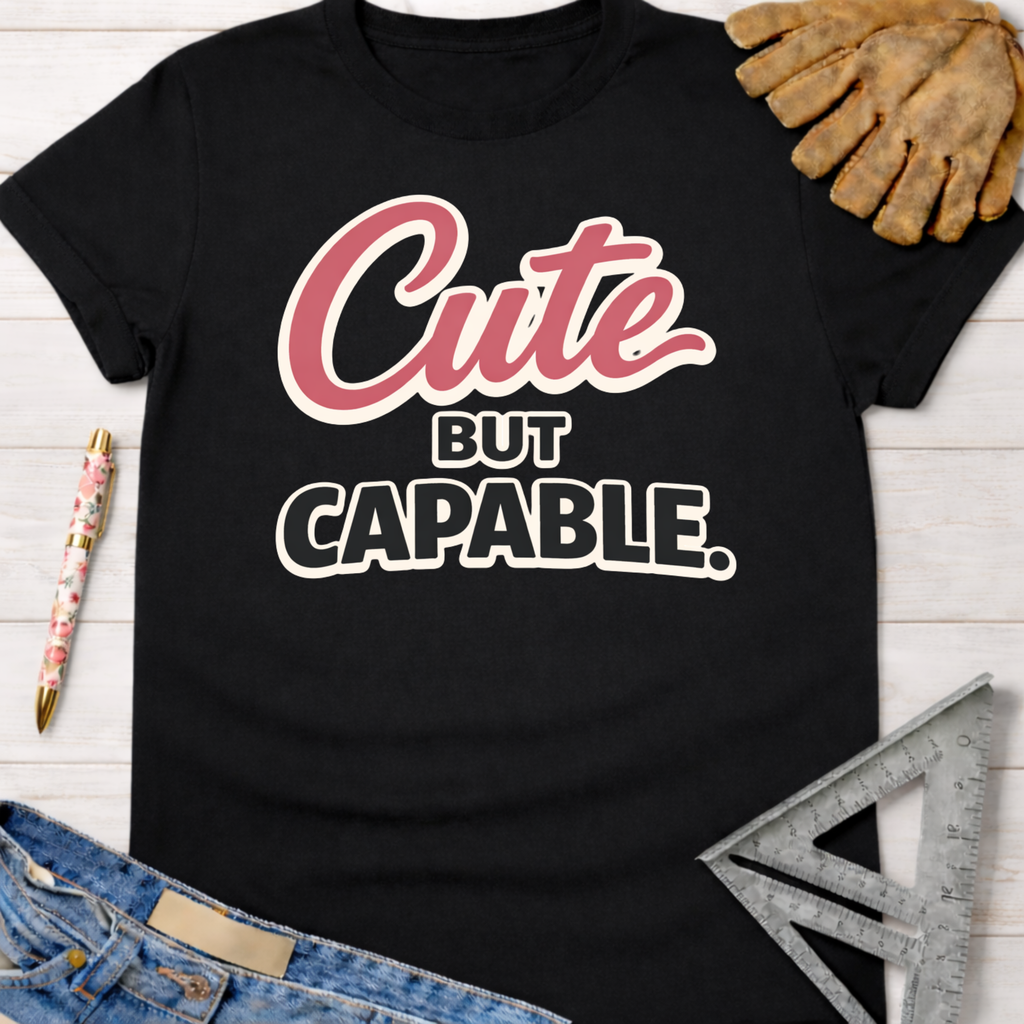 Women's funny woodworking graphic tee shirt for female woodworkers, makers, and DIY builders — Sawdust & Ponytails. Black cotton "Cute BUT CAPABLE" tee.