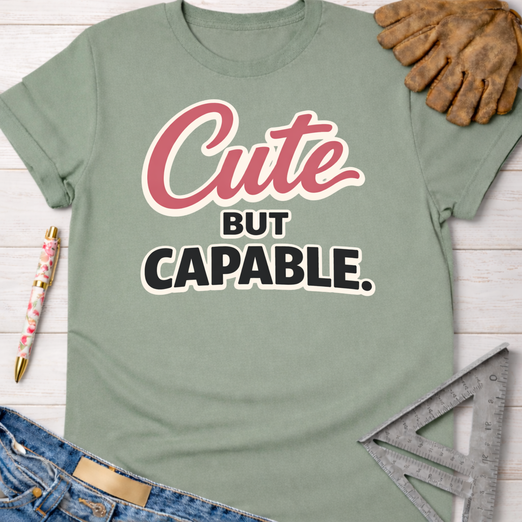 Women's funny woodworking graphic tee shirt for female woodworkers, makers, and DIY builders — Sawdust & Ponytails. Sage green cotton t-shirt with "Cute BUT CAPABLE." graphic, shown with jeans, work glove, and ruler.