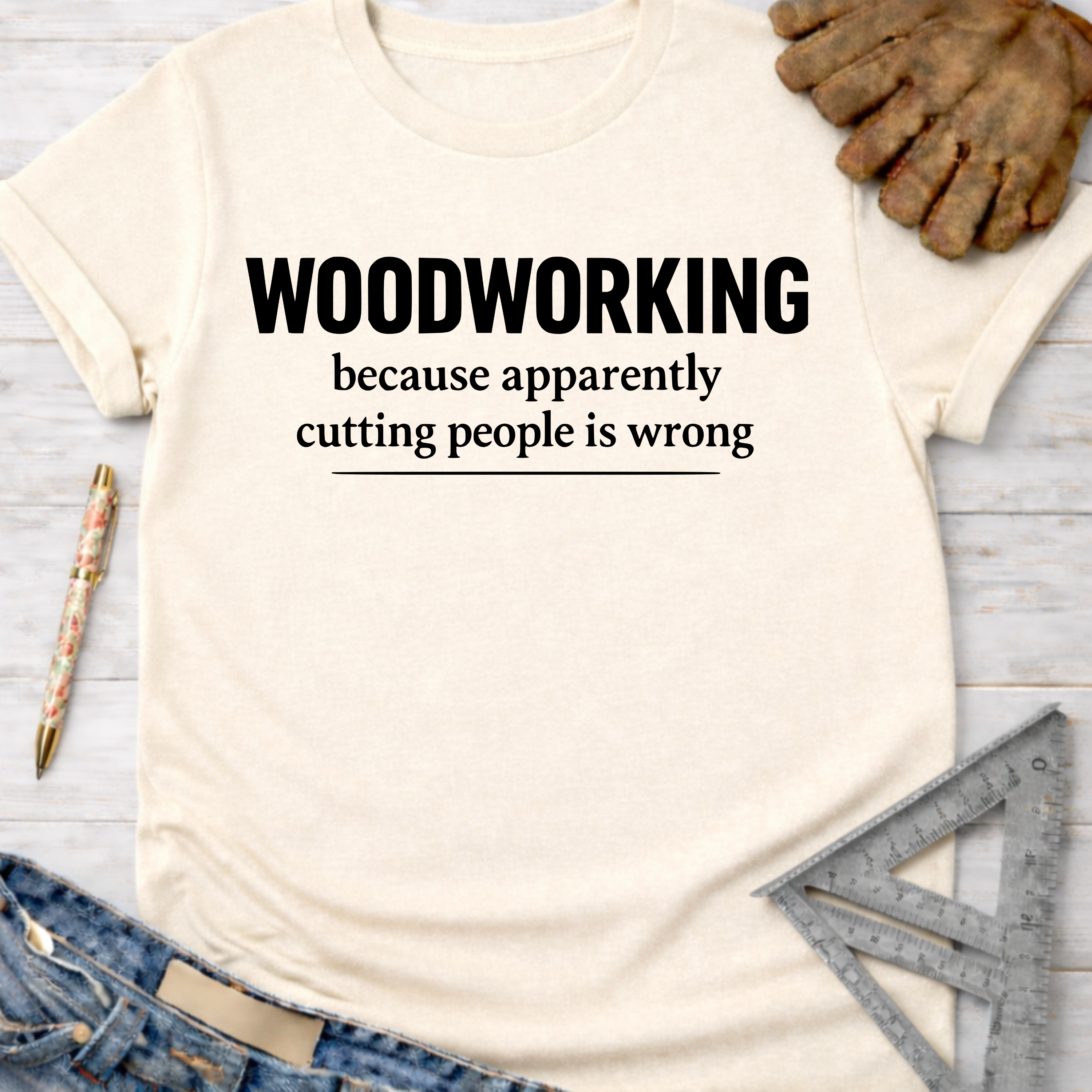 Women's funny woodworking graphic tee shirt for female woodworkers, makers, and DIY builders — Sawdust & Ponytails. Cream t-shirt with "WOODWORKING because apparently cutting people is wrong" in black text.
