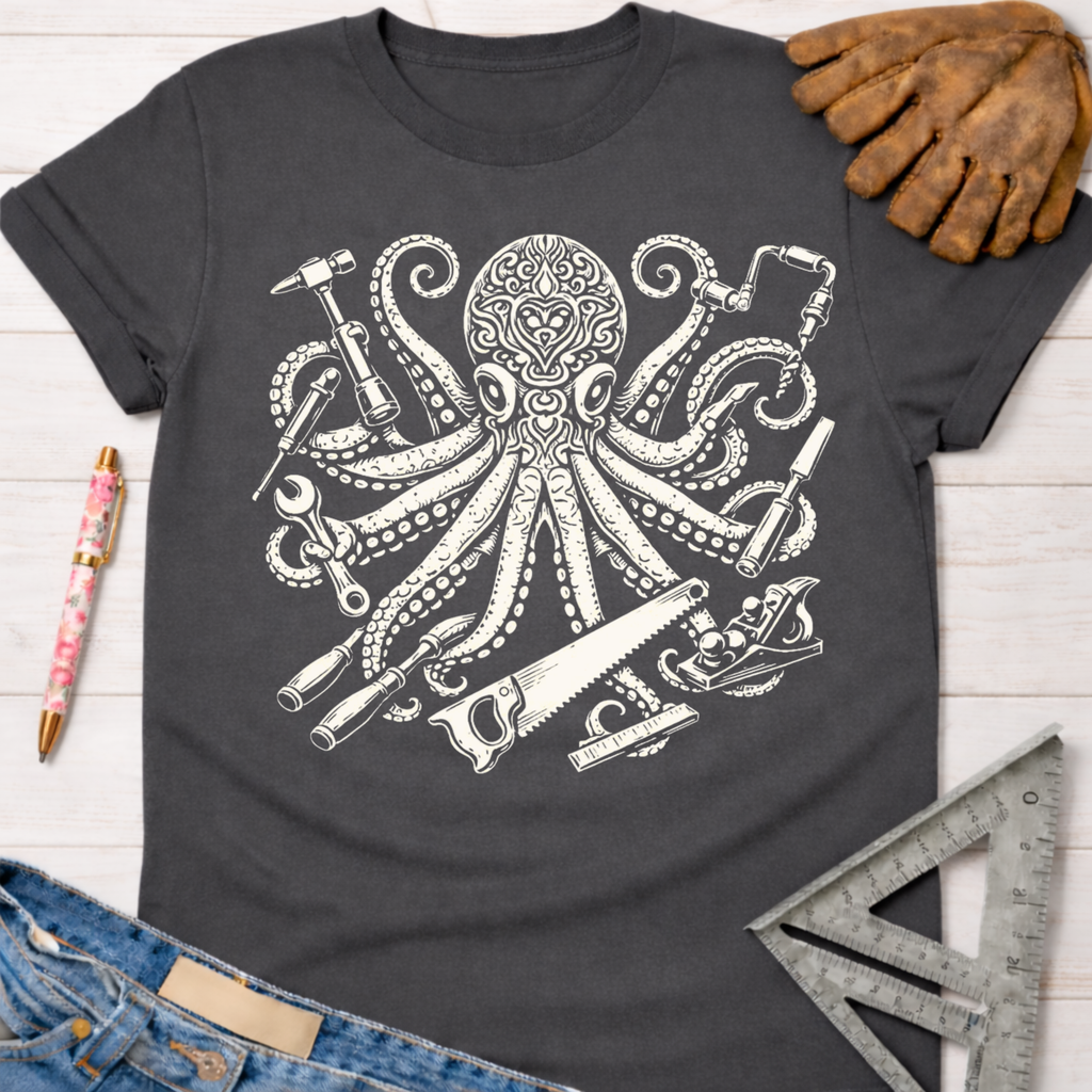 Women's funny woodworking graphic tee shirt for female woodworkers, makers, and DIY builders — Sawdust & Ponytails. Dark gray t-shirt with a white octopus holding various tools.
