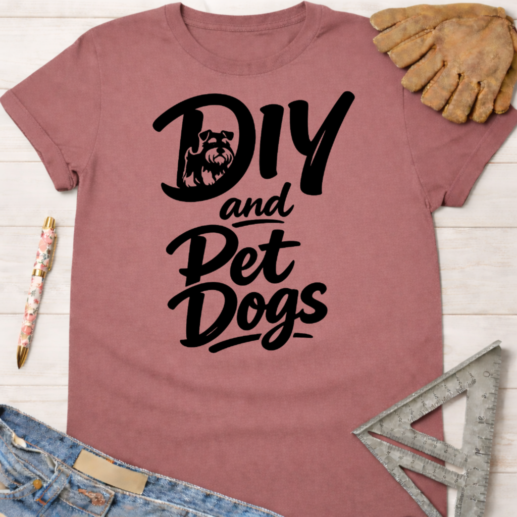 Women's funny woodworking graphic tee shirt for female woodworkers, makers, and DIY builders — Sawdust & Ponytails. Mauve t-shirt with "DIY and Pet Dogs" text and a schnauzer silhouette.