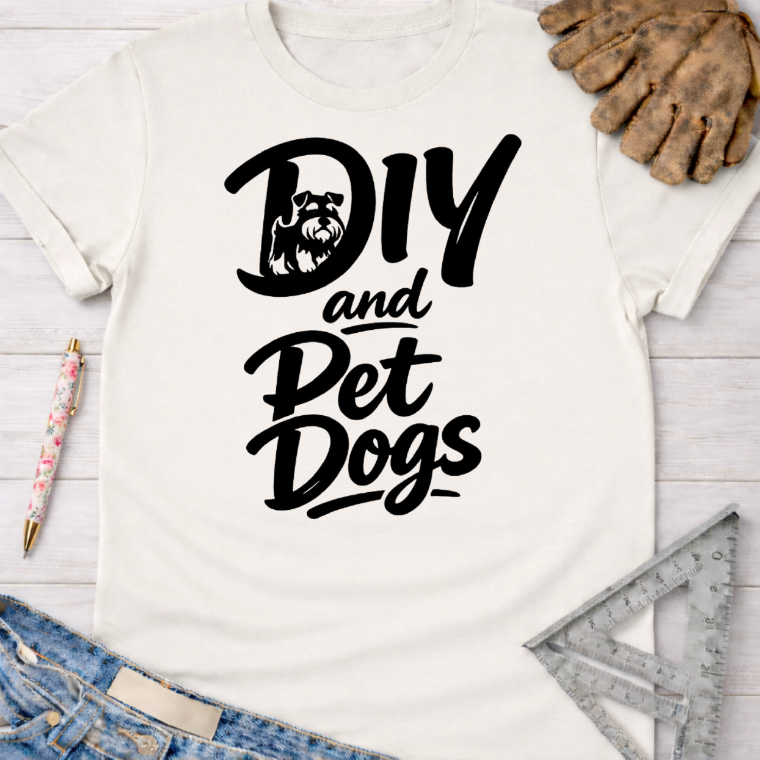 Women's funny woodworking graphic tee shirt for female woodworkers, makers, and DIY builders — Sawdust & Ponytails. White cotton tee with "DIY and Pet Dogs" black graphic featuring a schnauzer.