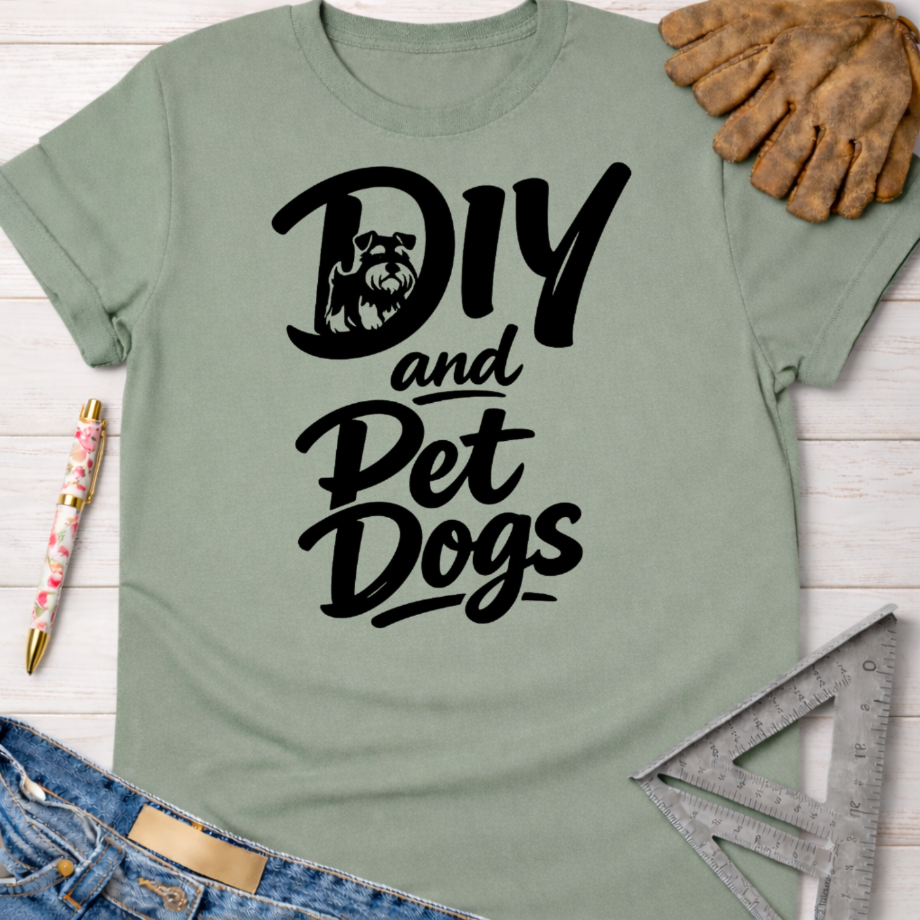 Women's funny woodworking graphic tee shirt for female woodworkers, makers, and DIY builders — Sawdust & Ponytails. Sage green cotton t-shirt with "DIY and Pet Dogs" black graphic featuring a schnauzer.