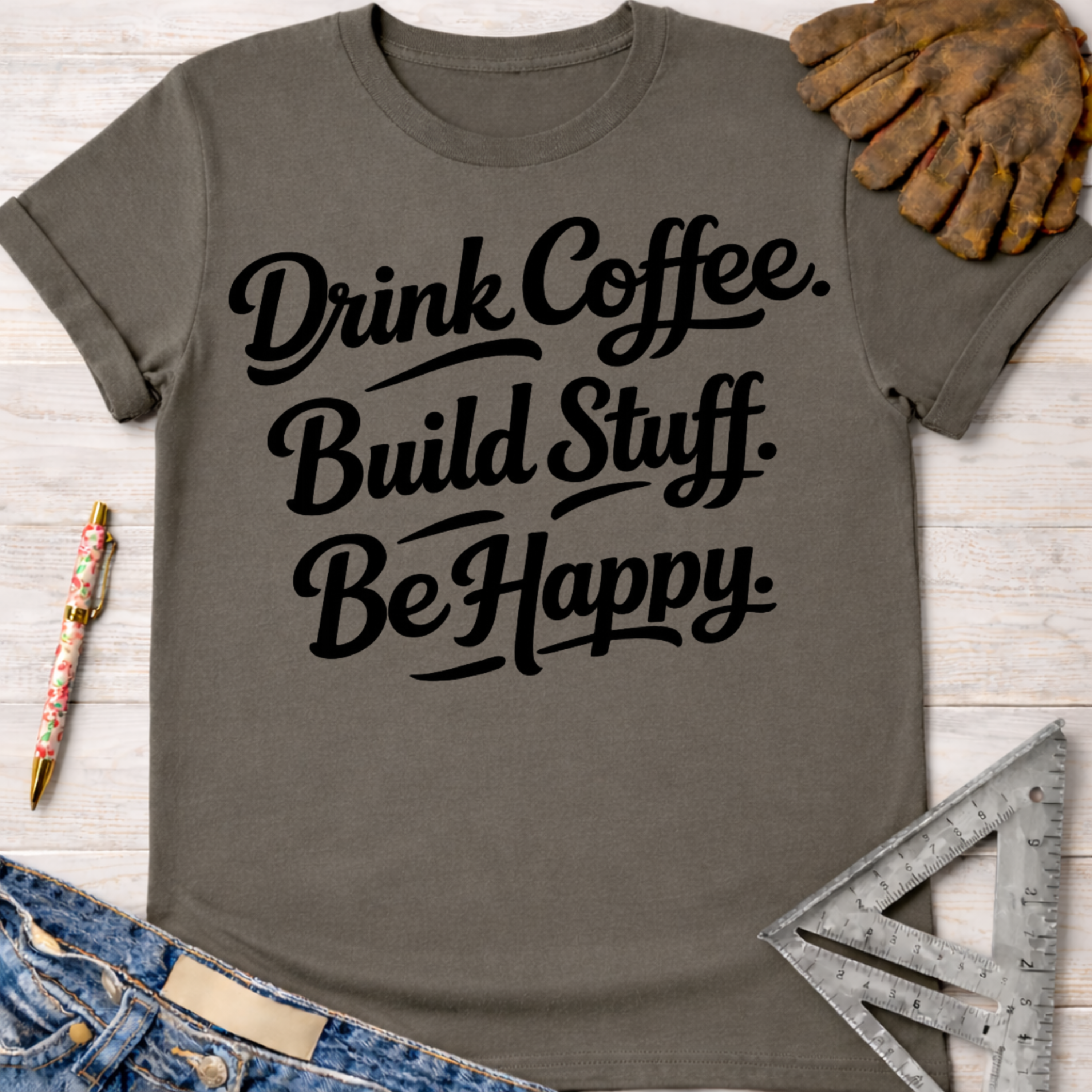 Women's funny woodworking graphic tee shirt for female woodworkers, makers, and DIY builders — Sawdust & Ponytails. Dark gray cotton tee with "Drink Coffee. Build Stuff. Be Happy." in black script.