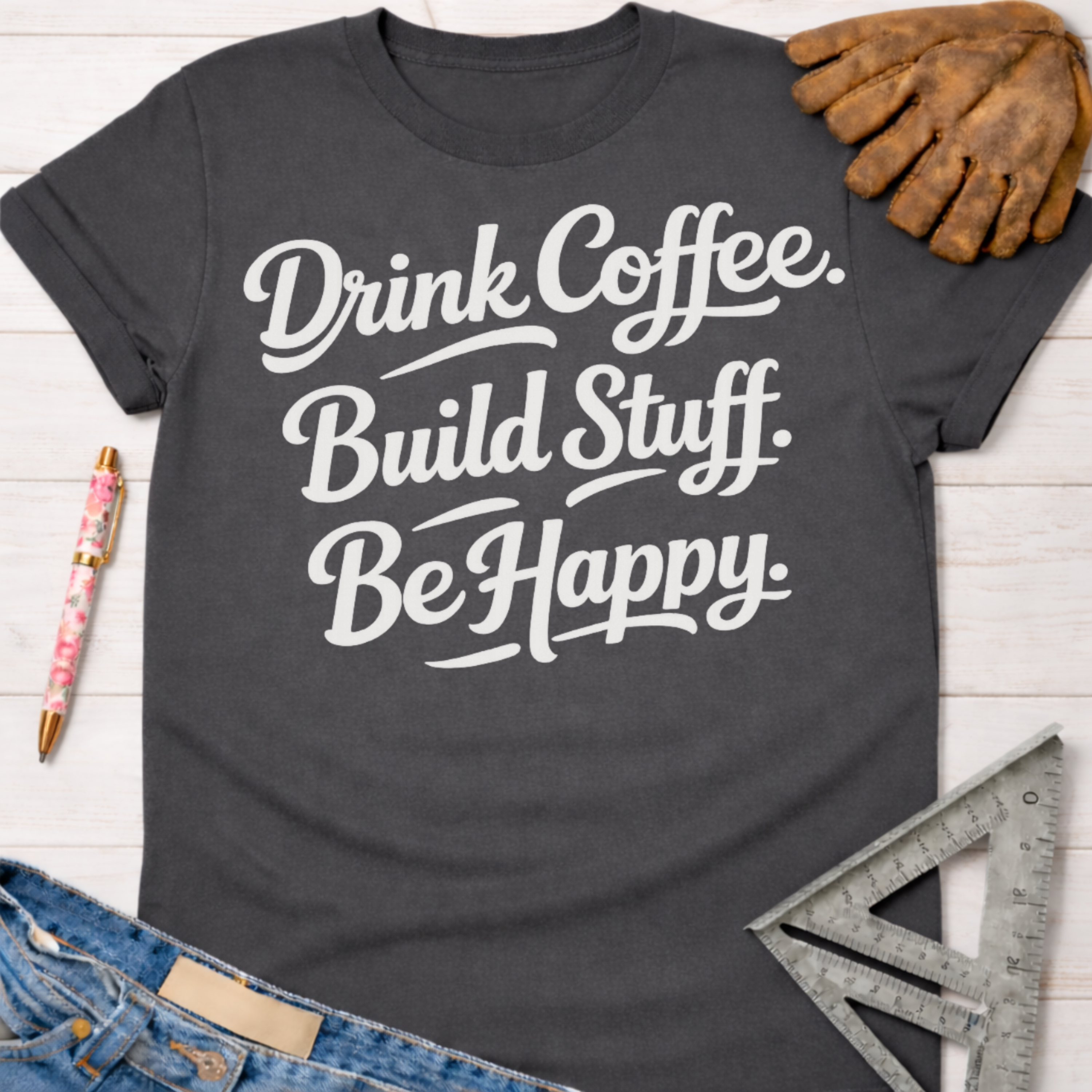 Women's funny woodworking graphic tee shirt for female woodworkers, makers, and DIY builders — Sawdust & Ponytails. Dark gray t-shirt with "Drink Coffee. Build Stuff. Be Happy." in white script.
