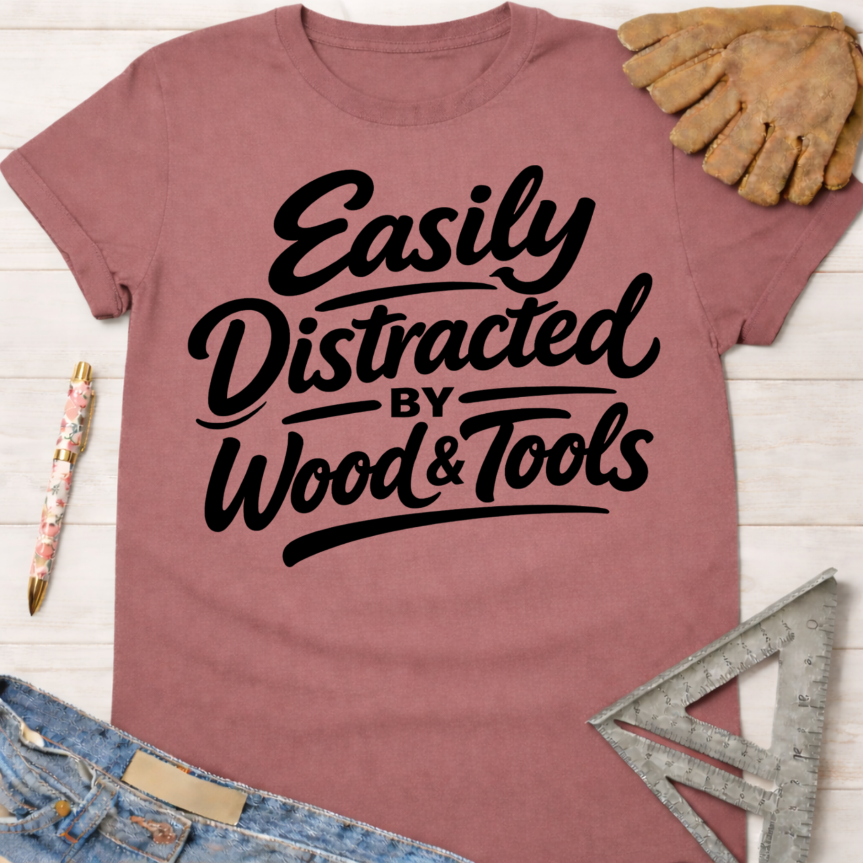 Women's funny woodworking graphic tee shirt for female woodworkers, makers, and DIY builders — Sawdust & Ponytails. Mauve short-sleeve tee with "Easily Distracted By Wood & Tools" in black script.